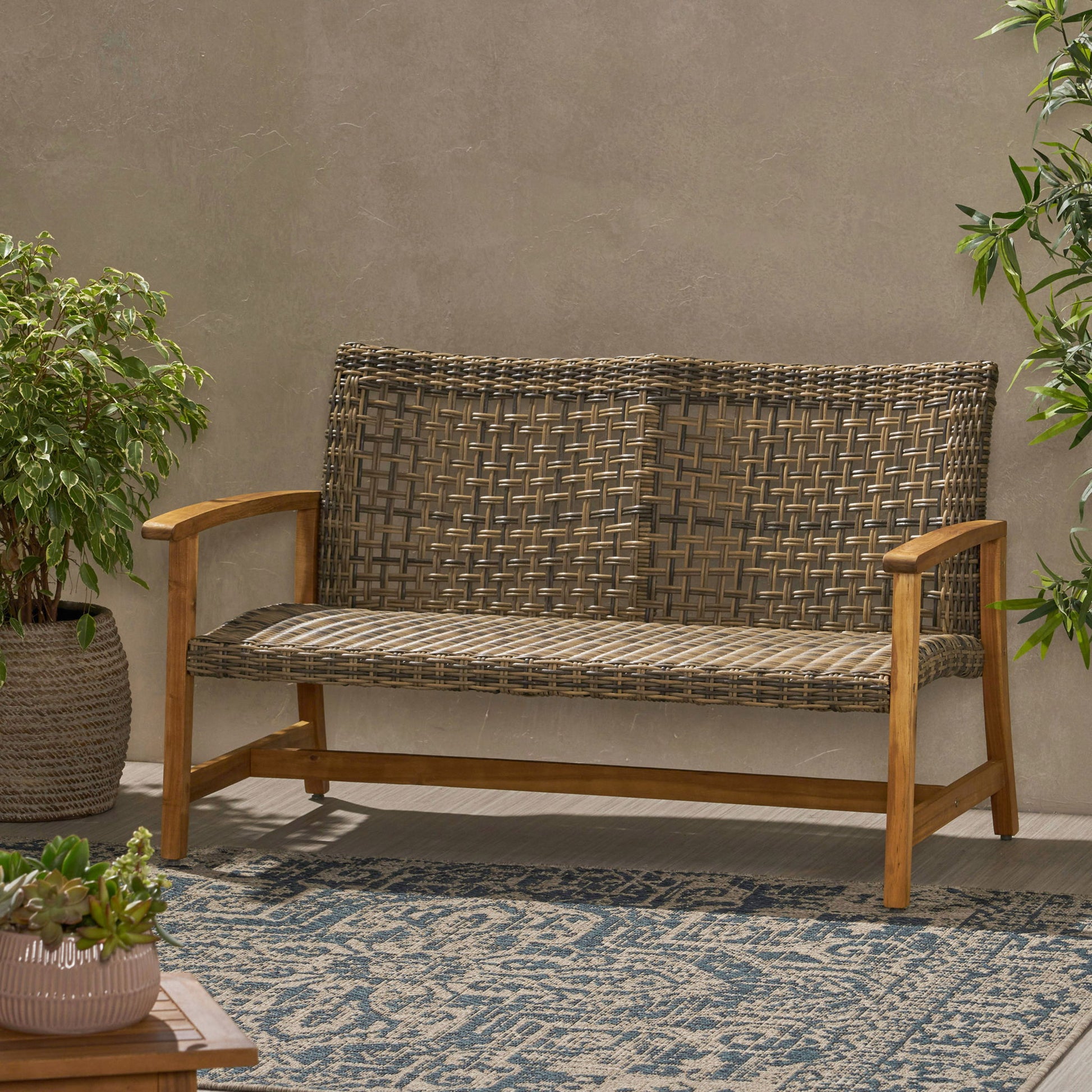 Outdoor Rattan Loveseat With Wooden Legs - Brown Noble House