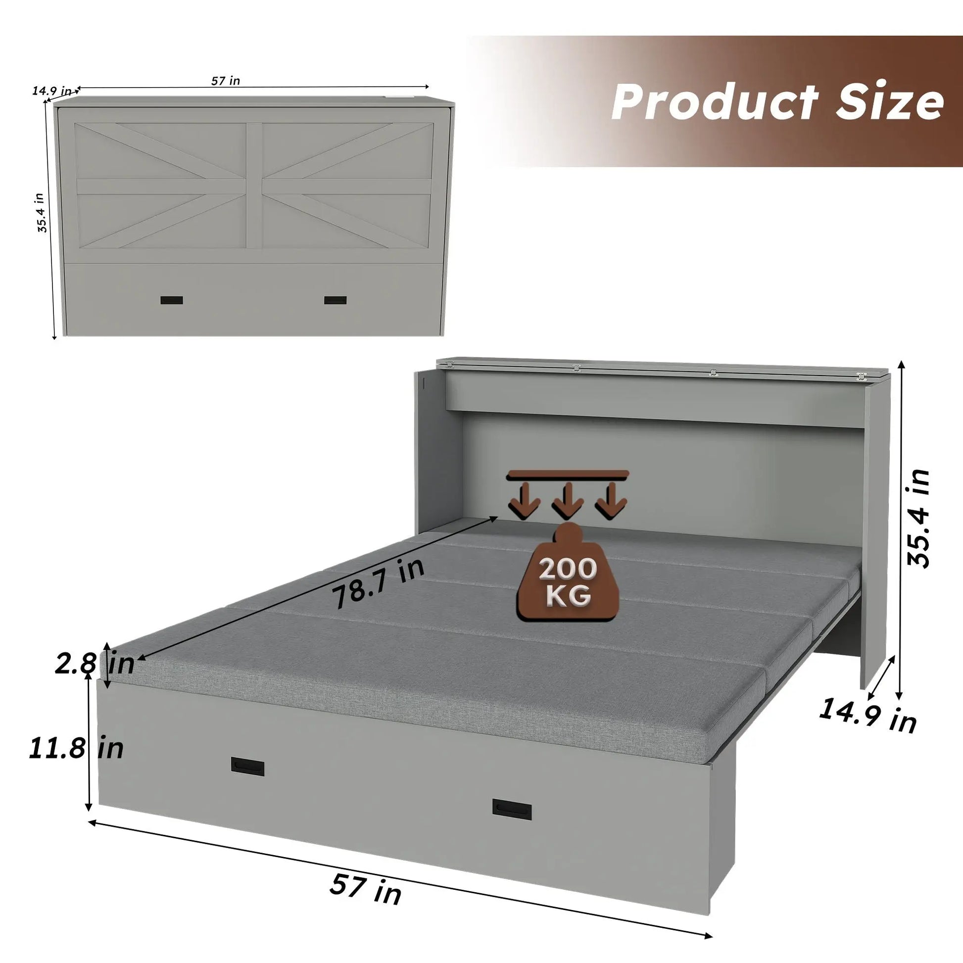Murphy Bed With Storage Drawers And Charging Cabinet, Foldable Panels, Swivel Wheels Home Essentials