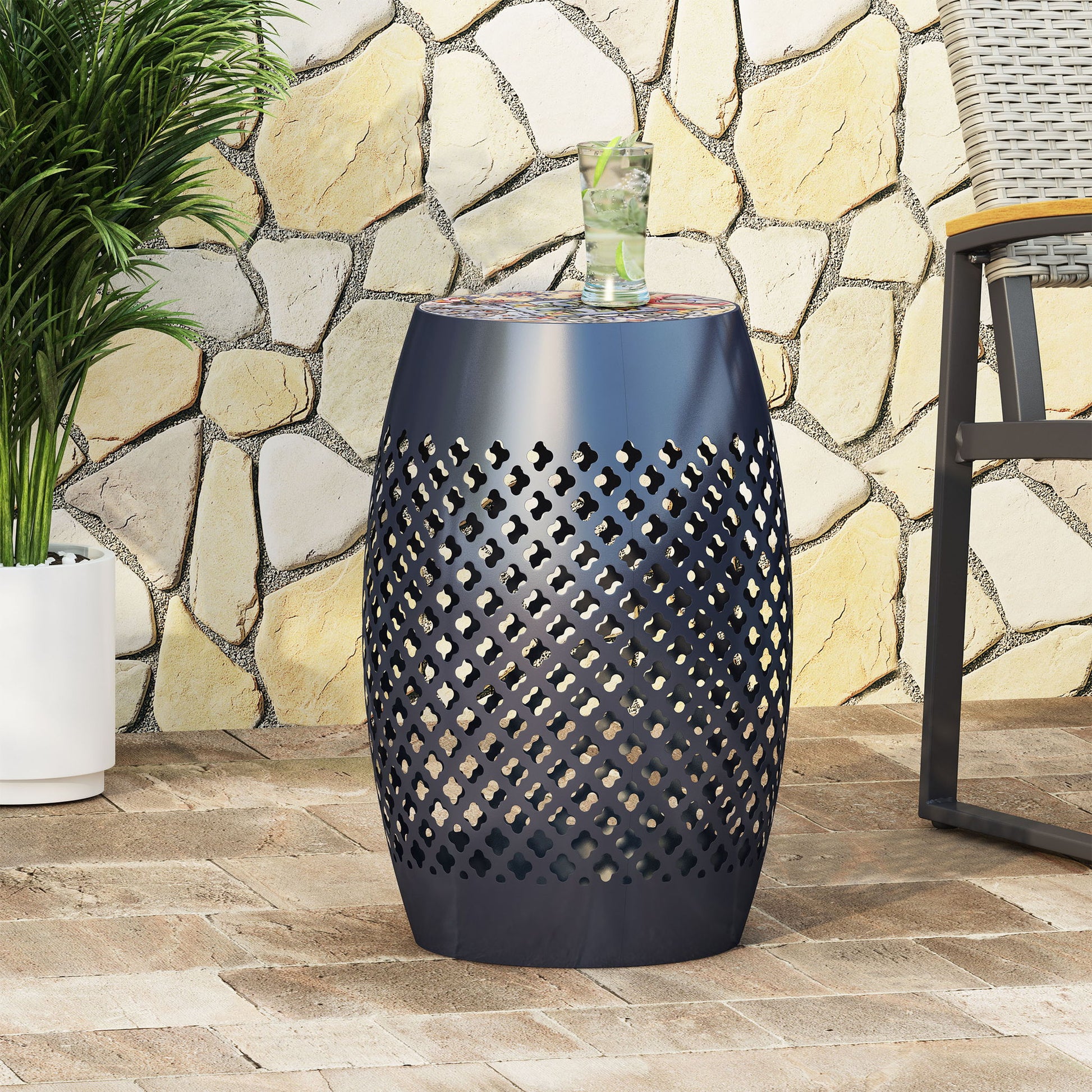 Roswell - Outdoor Side Table With Mosaic Tile Top Noble House