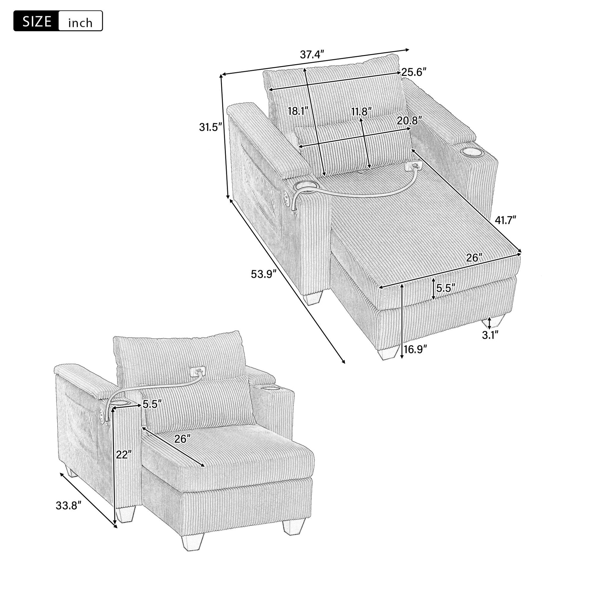 Convertible Chaise Lounge Sofa Chair With USB Ports, Cup Holders, Phone Holder And Storage Hearth and Haven
