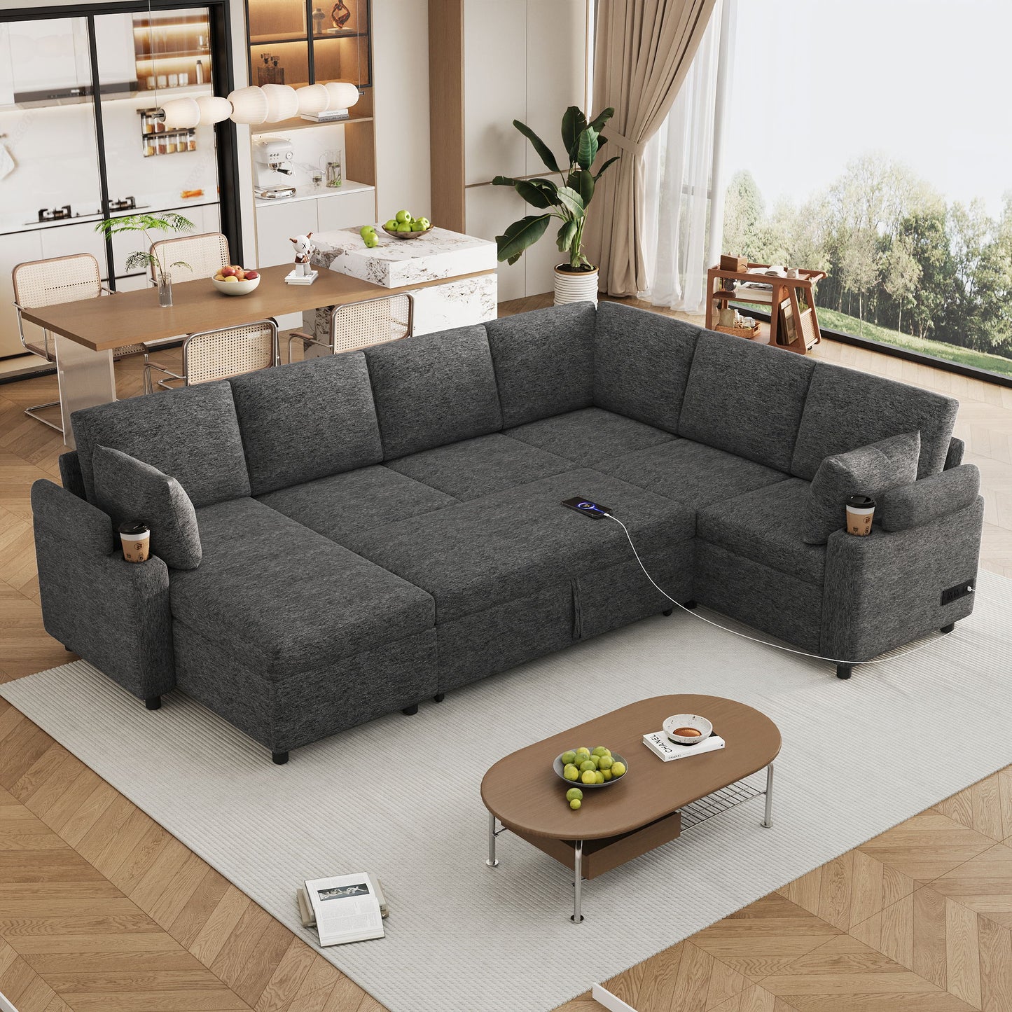 U-Shaped Sectional Sleeper Sofa With Ample Storage Space, 2 Cup Holders And Charging Ports For Living Room Hearth and Haven