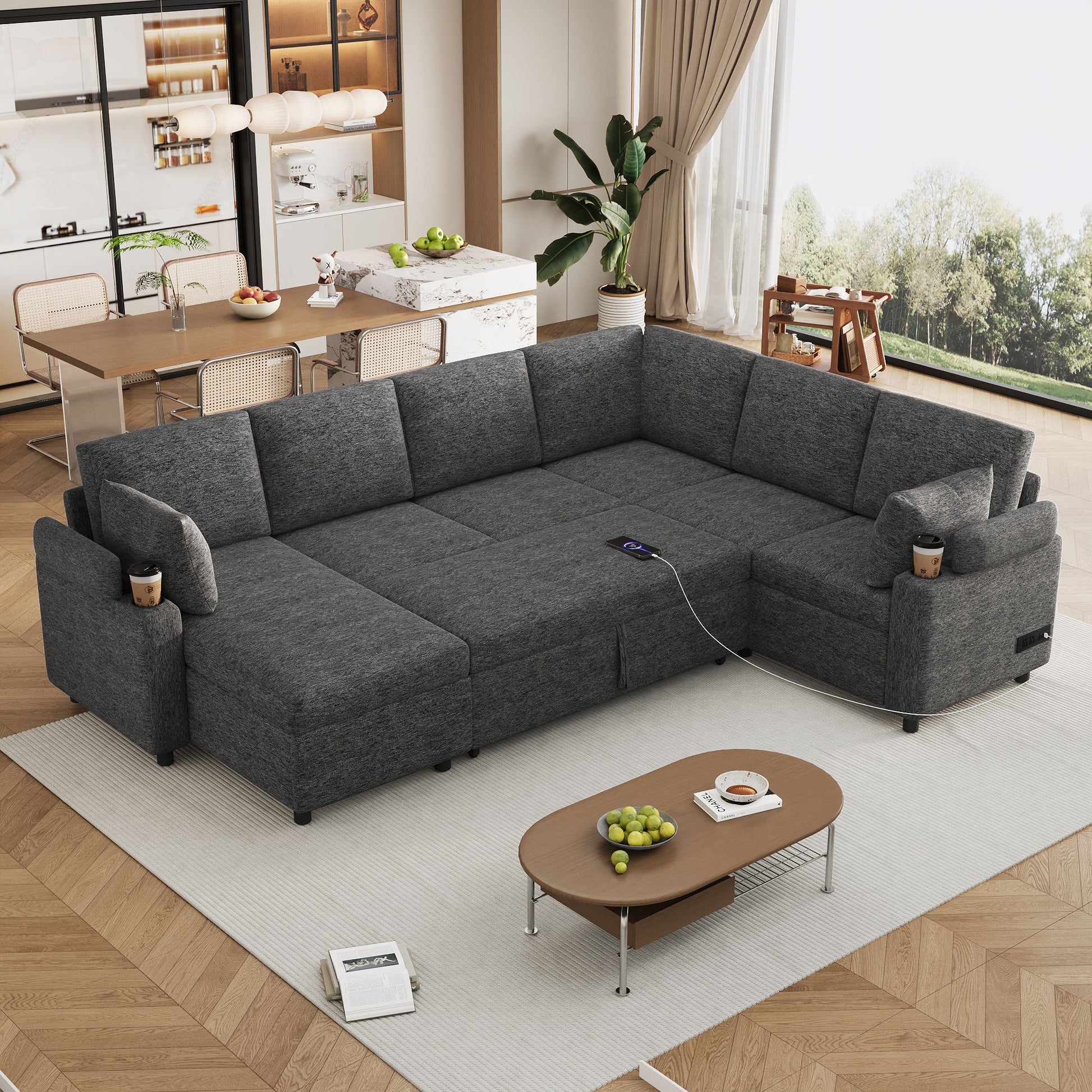 U-Shaped Sectional Sleeper Sofa With Ample Storage Space, 2 Cup Holders And Charging Ports For Living Room Hearth and Haven