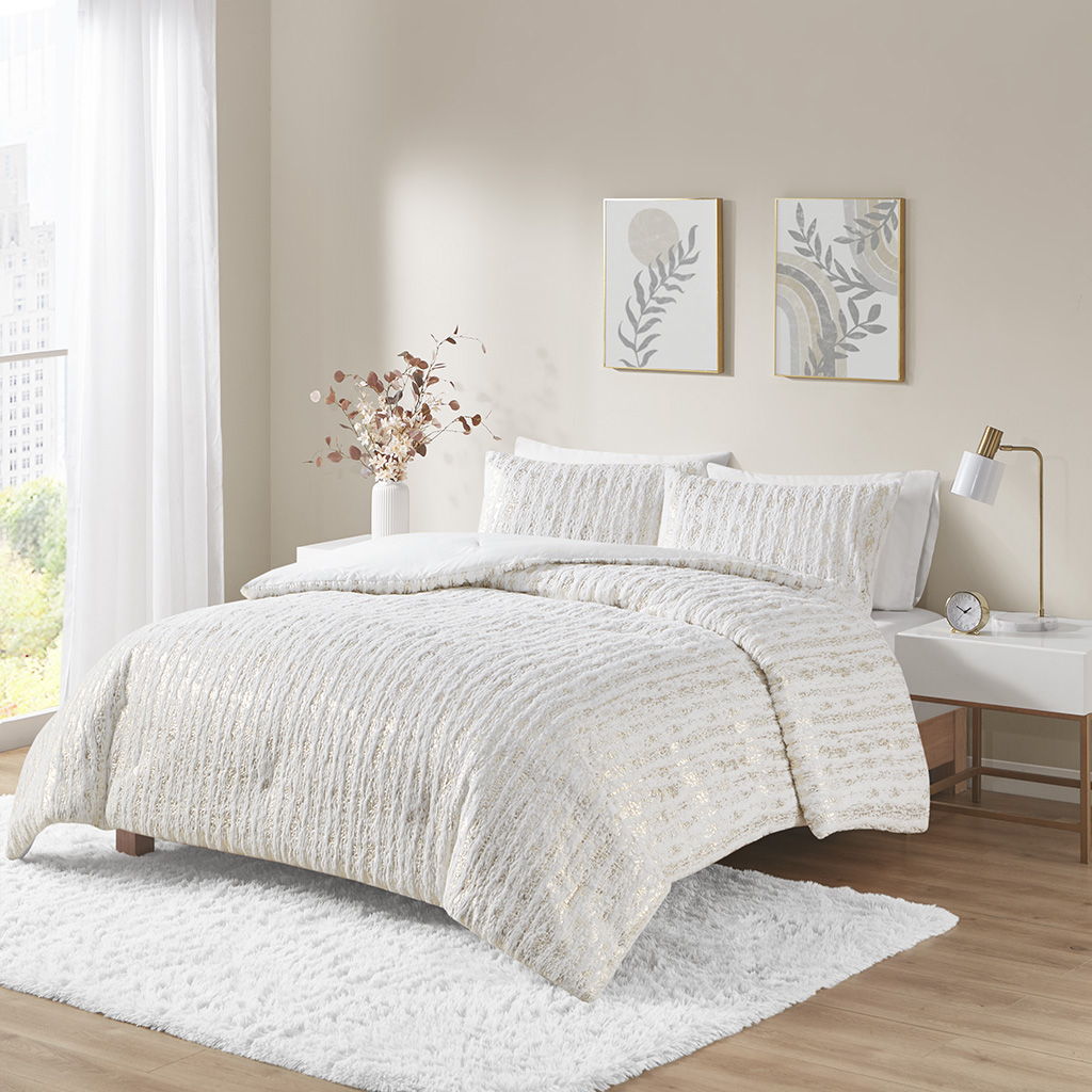 Naomi - Full Metallic Print Faux Fur Comforter Set - White/Gold