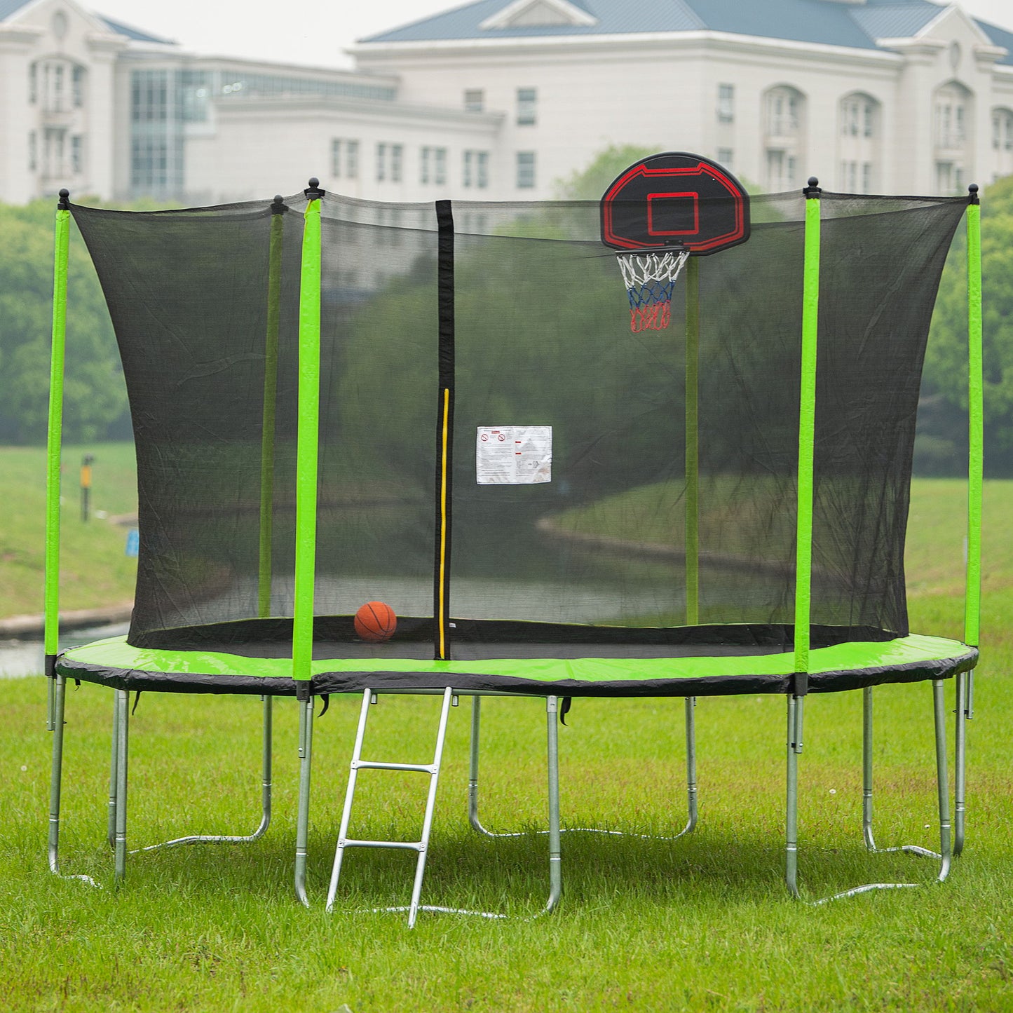 14Ft Trampoline With Basketball Hoop Inflator And Ladder (Inner Safety Enclosure) - Green Daily Nest