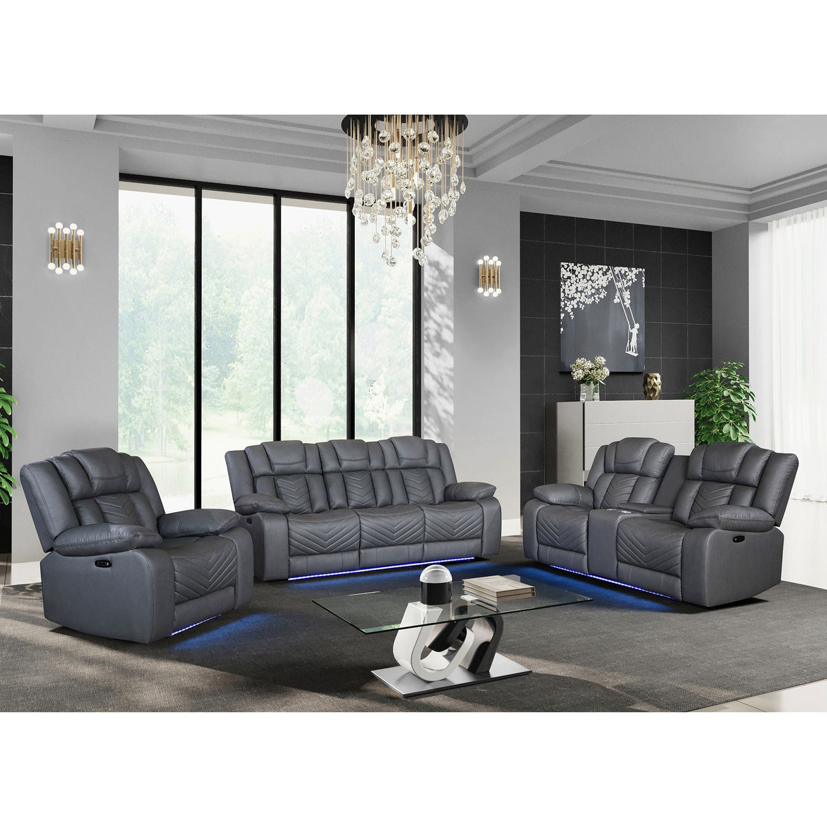 Raize - 10 Power Console Reclining Loveseat With LED And Immersive Sound - Gray Global Furniture USA