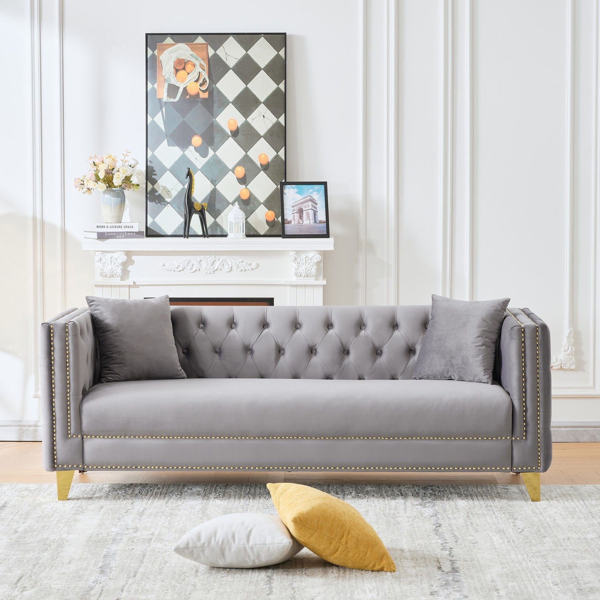 3 Seater Deep Seat Sofa, Sofa With Button Nailhead, Square Arm Home Essentials