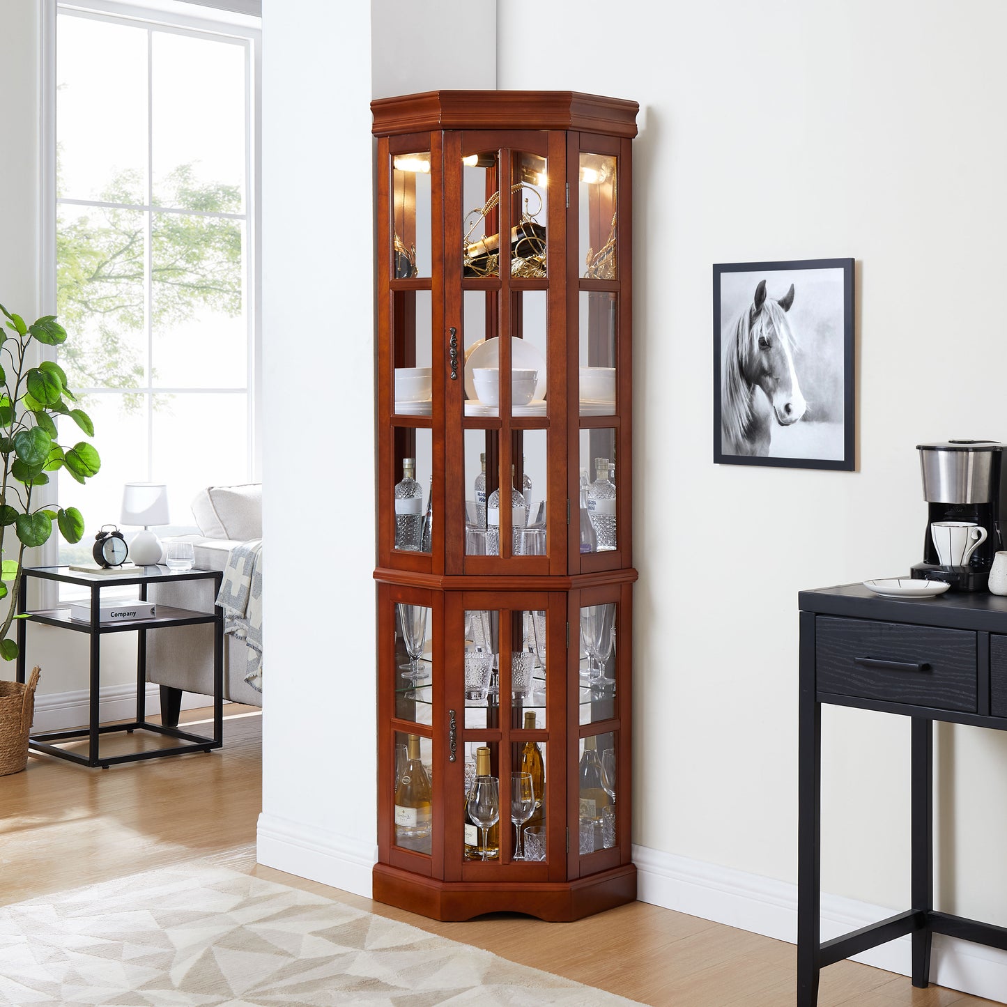 Corner Curio Cabinet With 5 Shelves And Lighting System (E26 Light Bulb Not Included)