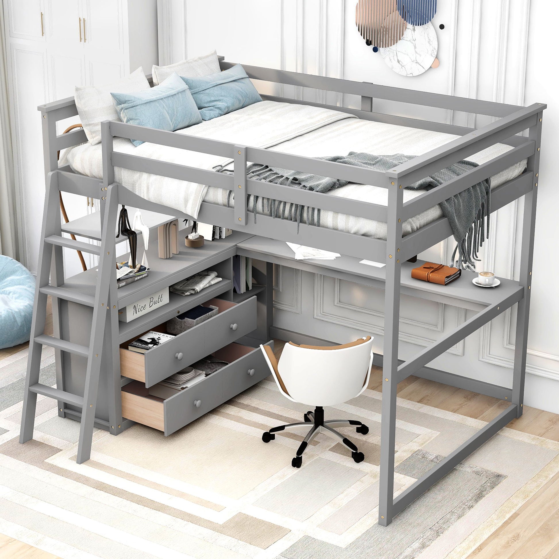 Modern Loft Bed With Built In Desk, Shelves, And 2 Drawers Hearth and Haven