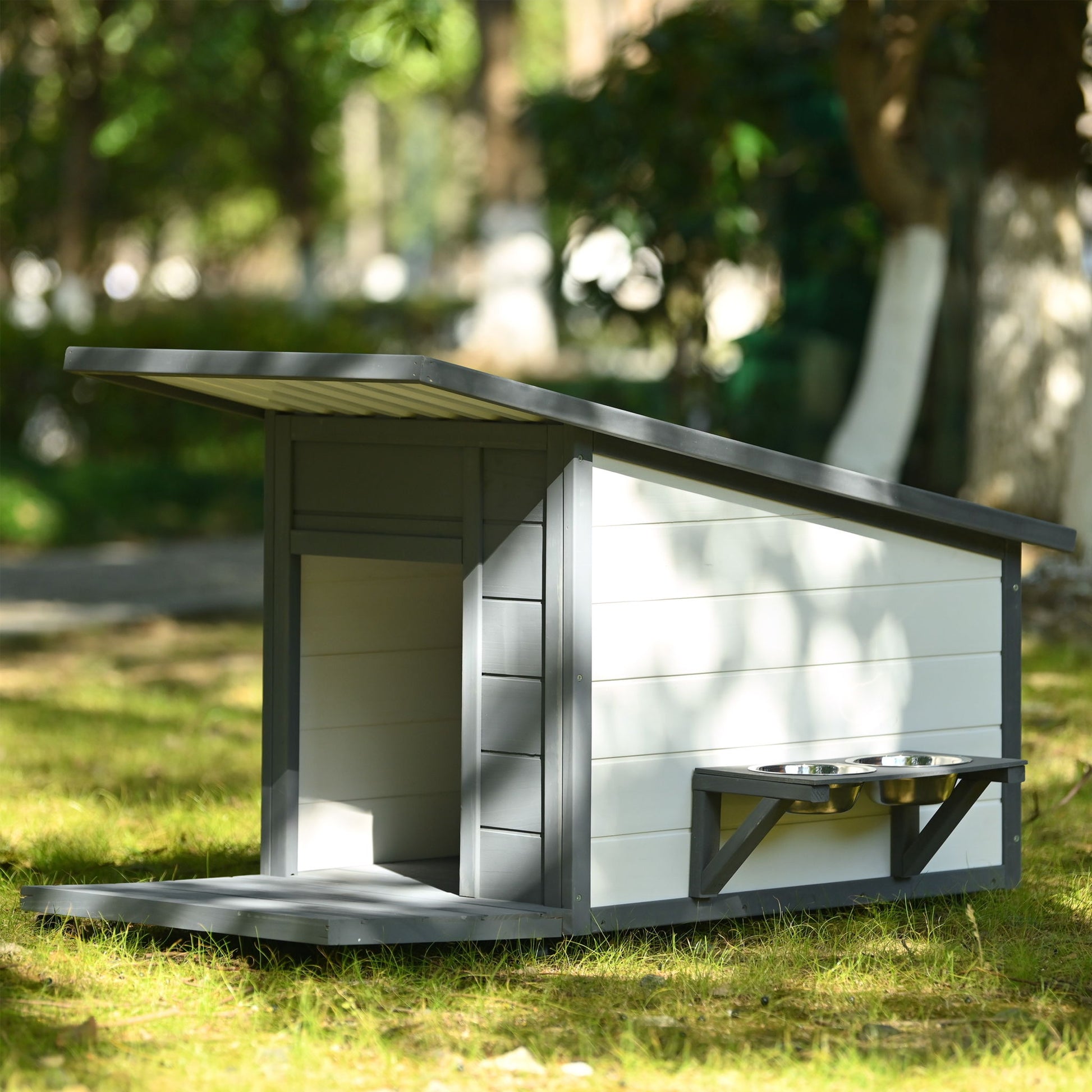 Modern Design Outdoor Dog House With Food Bowl And Wheels Pine - Gray / White Daily Nest