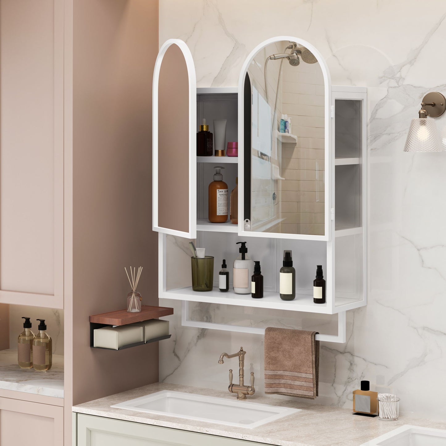 Double Arched Mirror Wall Cabinet With 2 Doors, Featuring Adjustable Shelves And Towel Rack Daily Nest