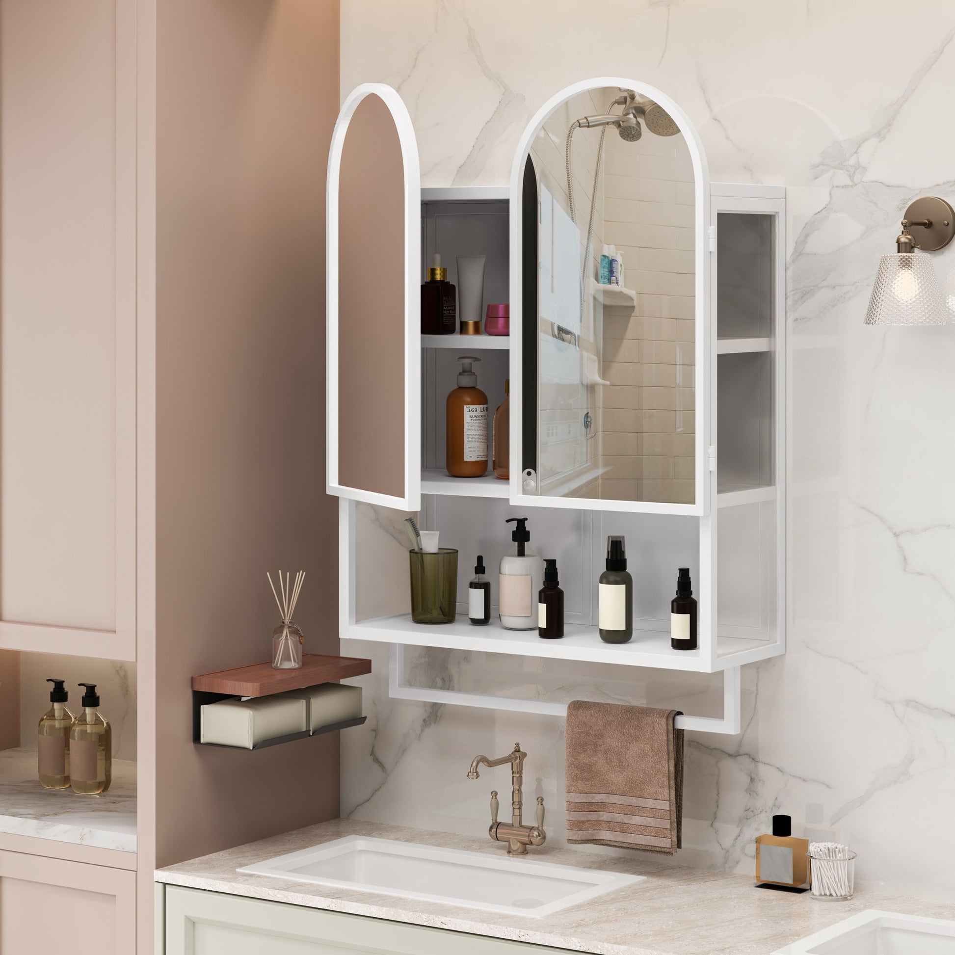 Double Arched Mirror Wall Cabinet With 2 Doors, Featuring Adjustable Shelves And Towel Rack Daily Nest