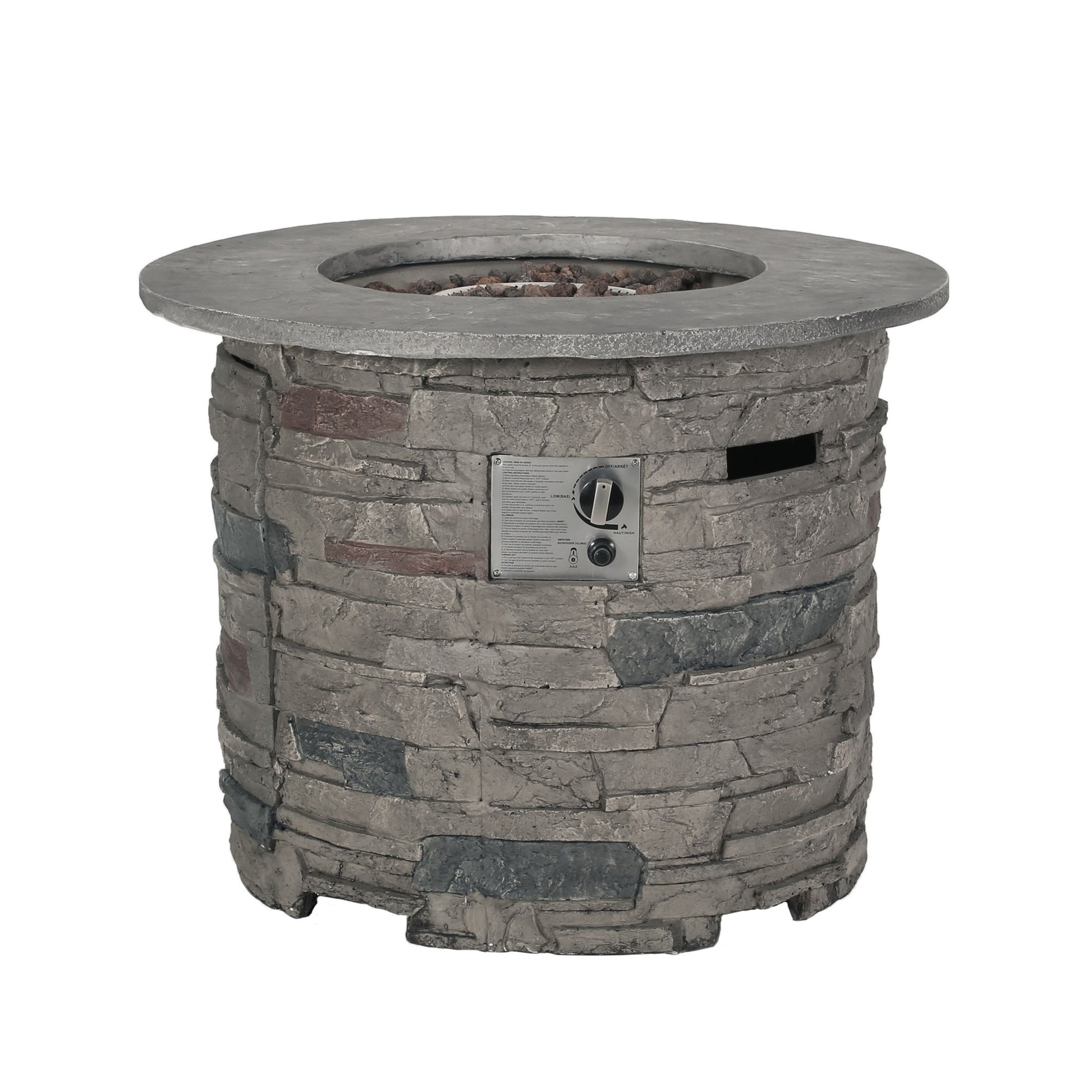 Transitional Outdoor 32" Round Propane Fire Pit Table, Lightweight Concrete Construction - Stone Gray Noble House