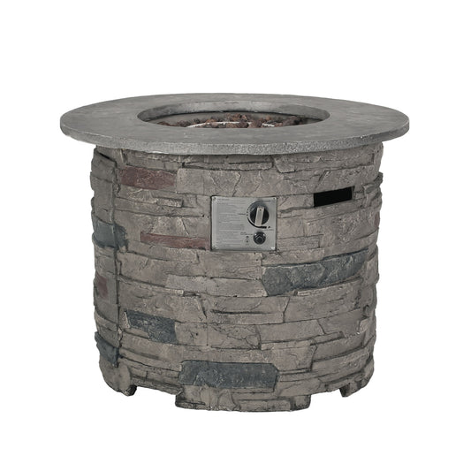 Transitional Outdoor 32" Round Propane Fire Pit Table, Lightweight Concrete Construction - Stone Gray Noble House