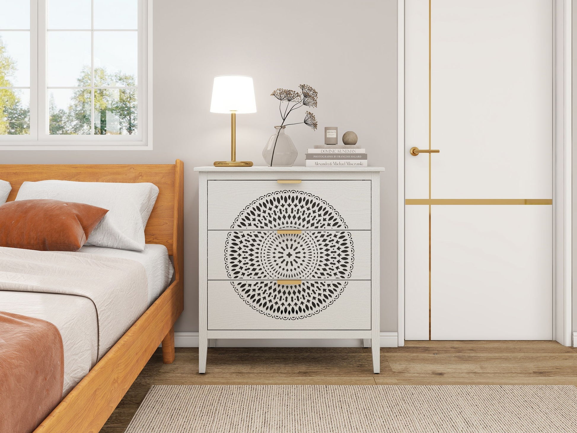 3 Drawer Cabinet With Hollow Carved 3 Drawer Dresser Storage Chest With Metal Handles For Entryway Living Room Bedroom - Beige Home Essentials