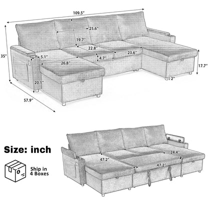 U Shaped Sectional Sofa Bed With Storage Chaise Lounges, USB Ports, And Cup Holders Hearth and Haven