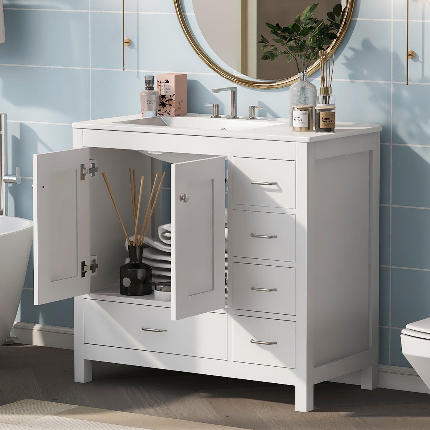 Bathroom Vanity With Ceramic Sink Combo, Abundant Storage Cabinet 2 Soft Close Doors And 5 Drawers Hearth and Haven