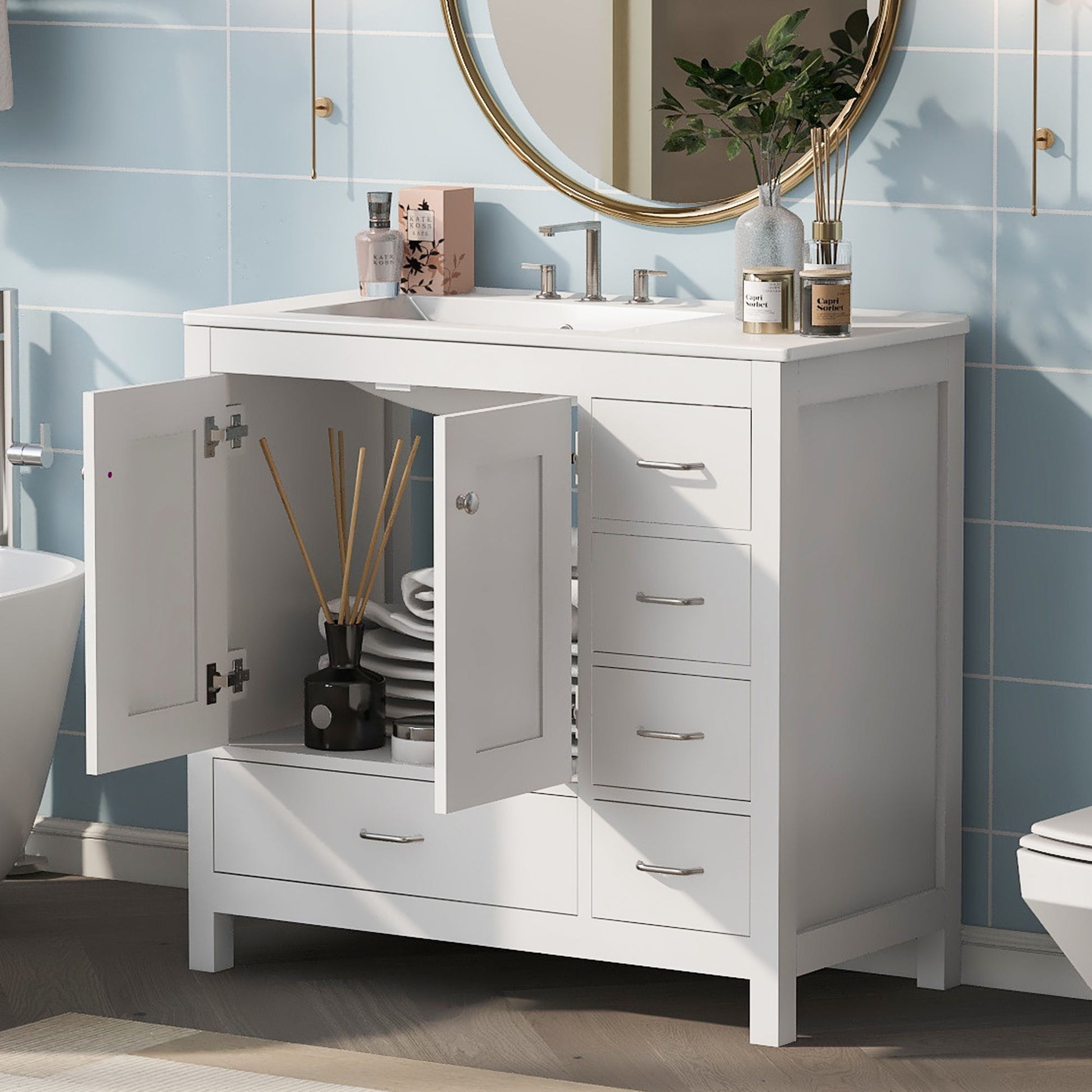 Bathroom Vanity With Ceramic Sink Combo, Abundant Storage Cabinet 2 Soft Close Doors And 5 Drawers Hearth and Haven