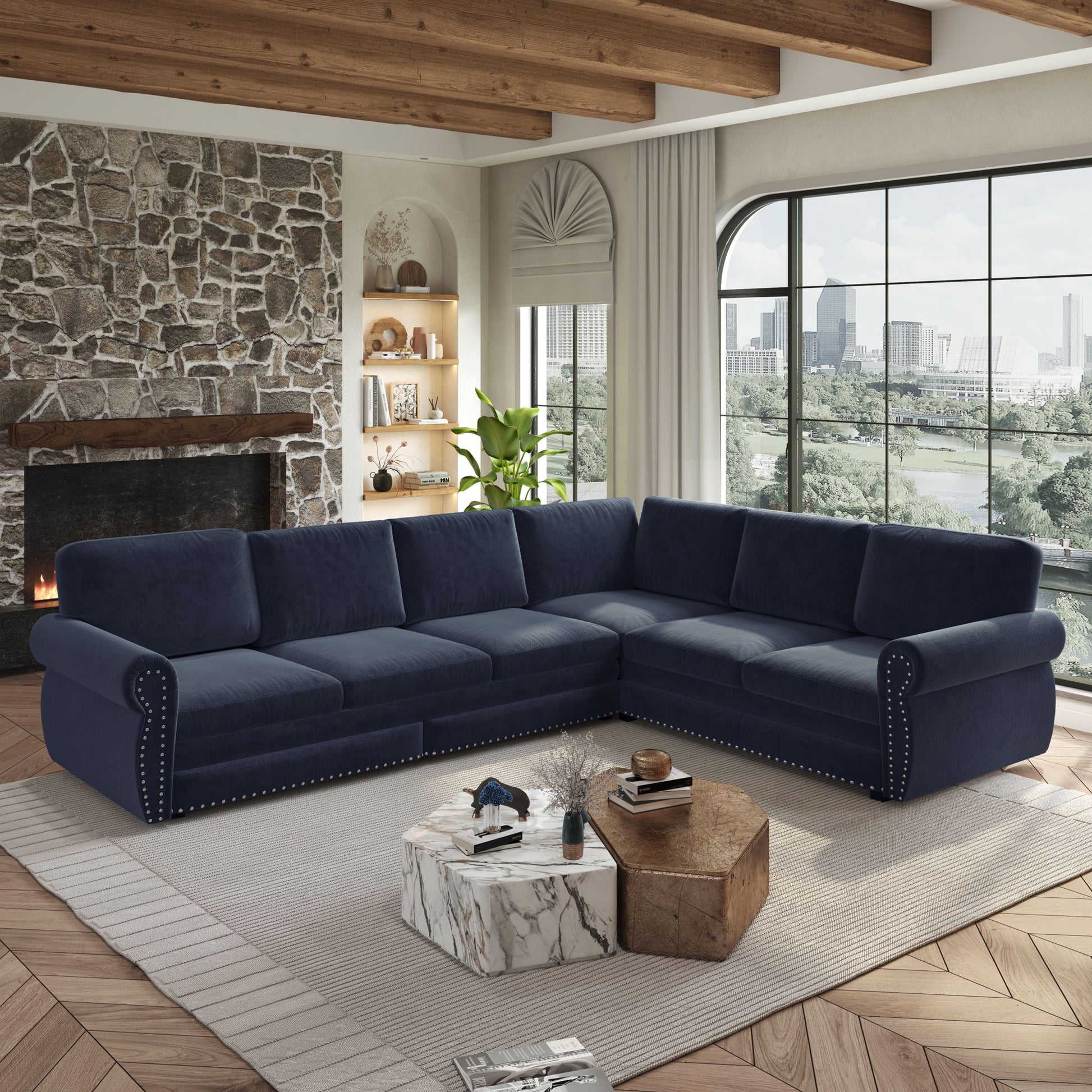 L-Shaped Sofa Couch With Pull Out Bed With Nailhead Trim & Rolled Arm Home Essentials