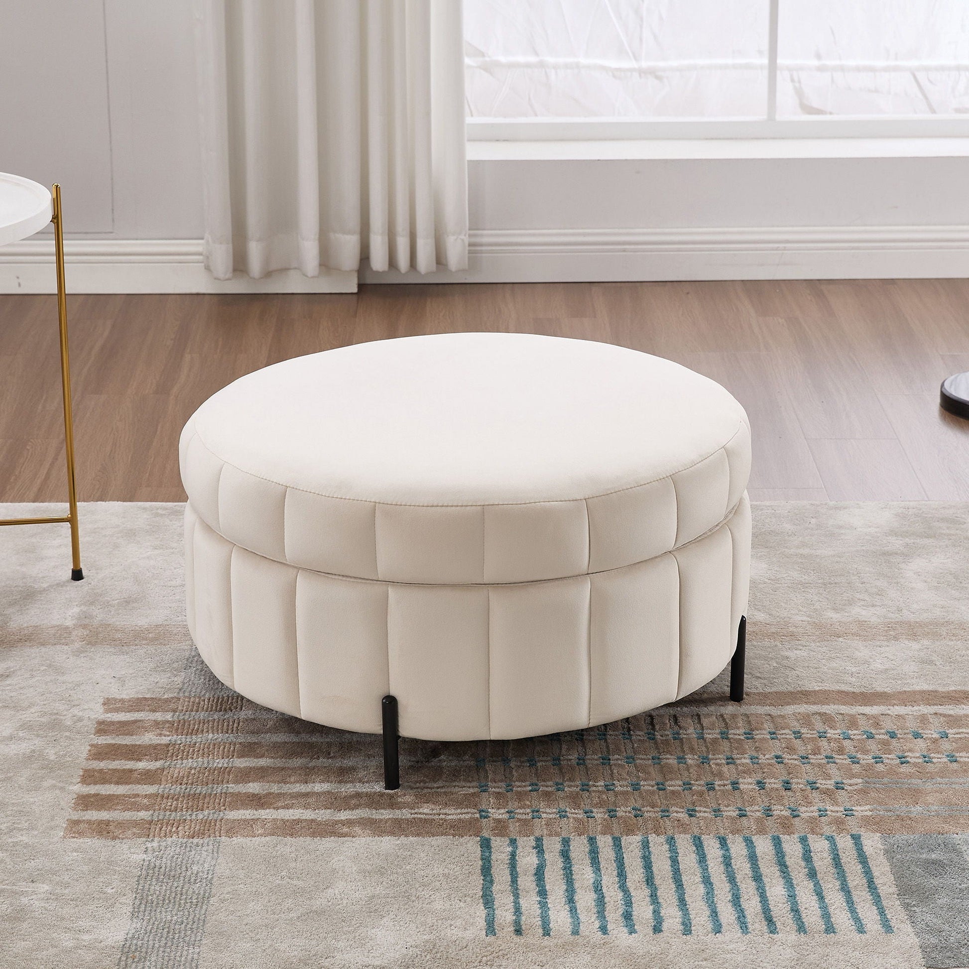 Upholstered Round Ottoman With Reversible Lid, Channel Tufted Pumpkin Shape Home Essentials
