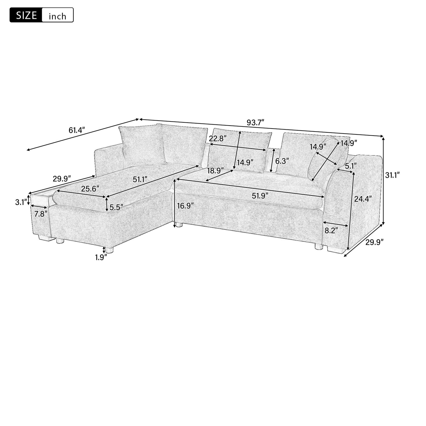 Modern L Shaped Sectional Sofa With Chenille Upholstery And Wooden Storage Hearth and Haven