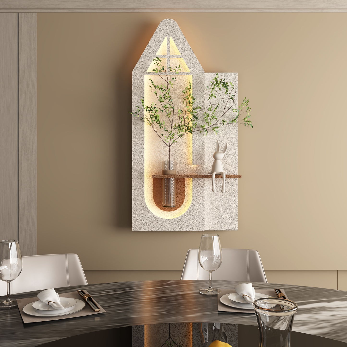 Adjustable 3 Color LED Sandstone Wall Decor With Simulated Plants, Glass Vase & Rabbit Statue - Light Coffee Daily Nest