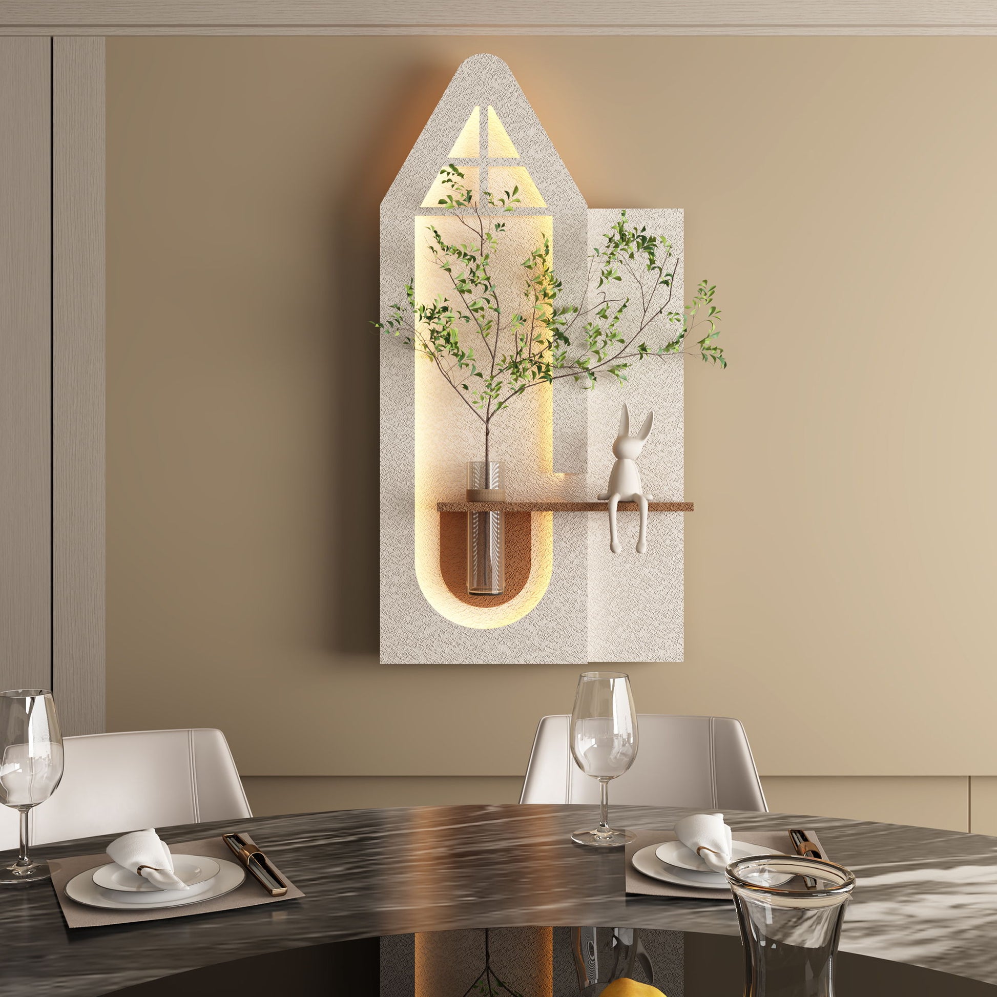 Adjustable 3 Color LED Sandstone Wall Decor With Simulated Plants, Glass Vase & Rabbit Statue - Light Coffee Daily Nest