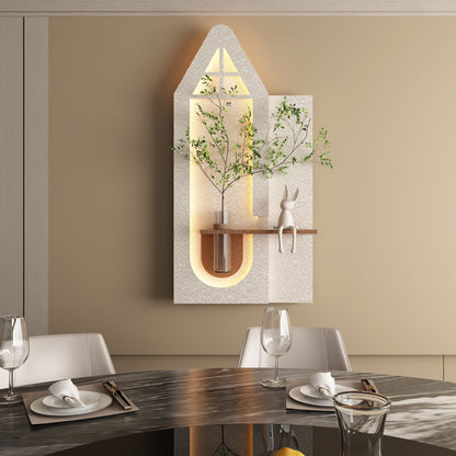Adjustable 3 Color LED Sandstone Wall Decor With Simulated Plants, Glass Vase & Rabbit Statue - Light Coffee Daily Nest