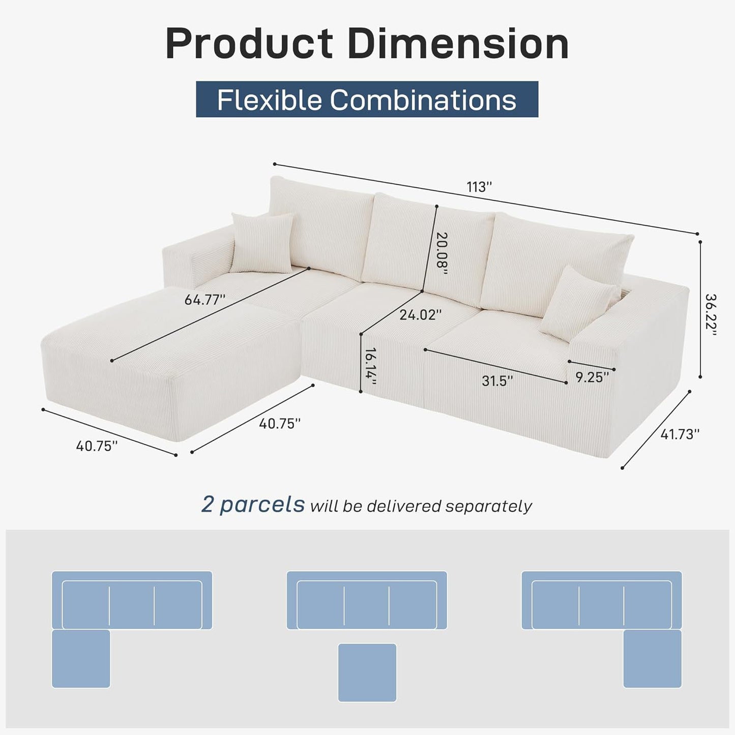 Modular Sectional Sofa With Ottoman, USB And Type C Charger, Petal Armrest Design - Snoozhouse