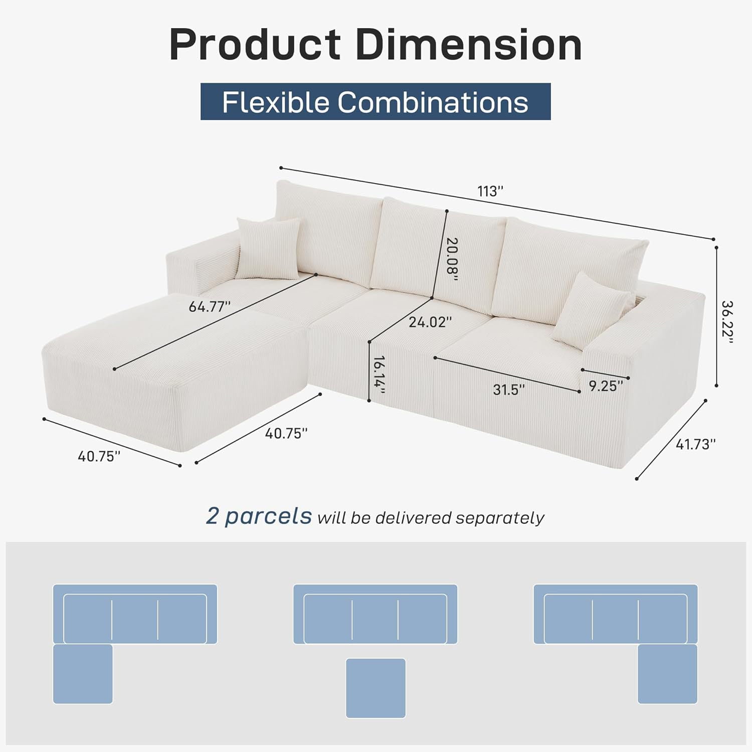 Modular Sectional Sofa With Ottoman, USB And Type C Charger, Petal Armrest Design - Snoozhouse