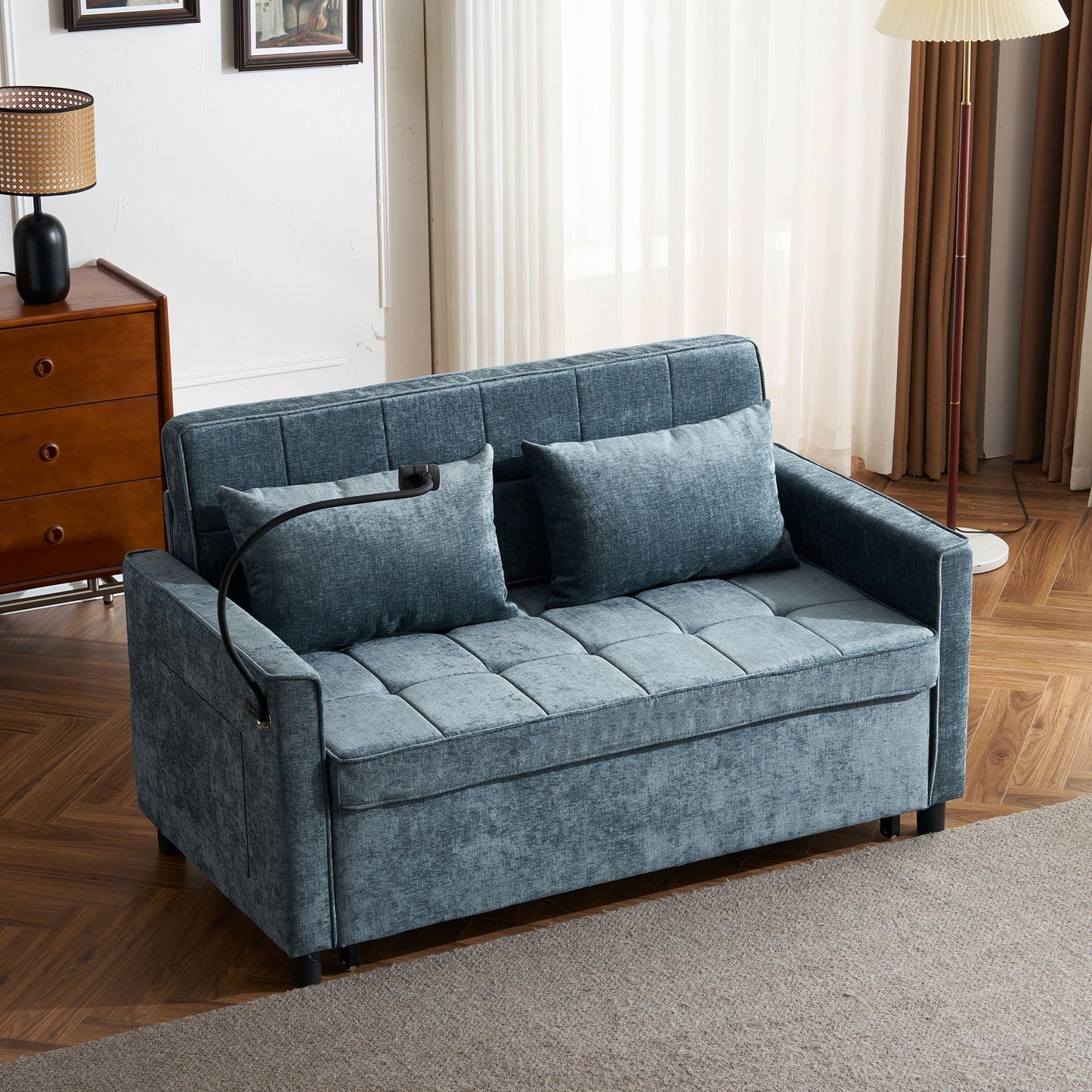 Pull-Out Sleeper Sofa With Reversible Backrest Cushion, Side Pockets, 2 USB Ports And A Phone Holder For Living Room Hearth and Haven