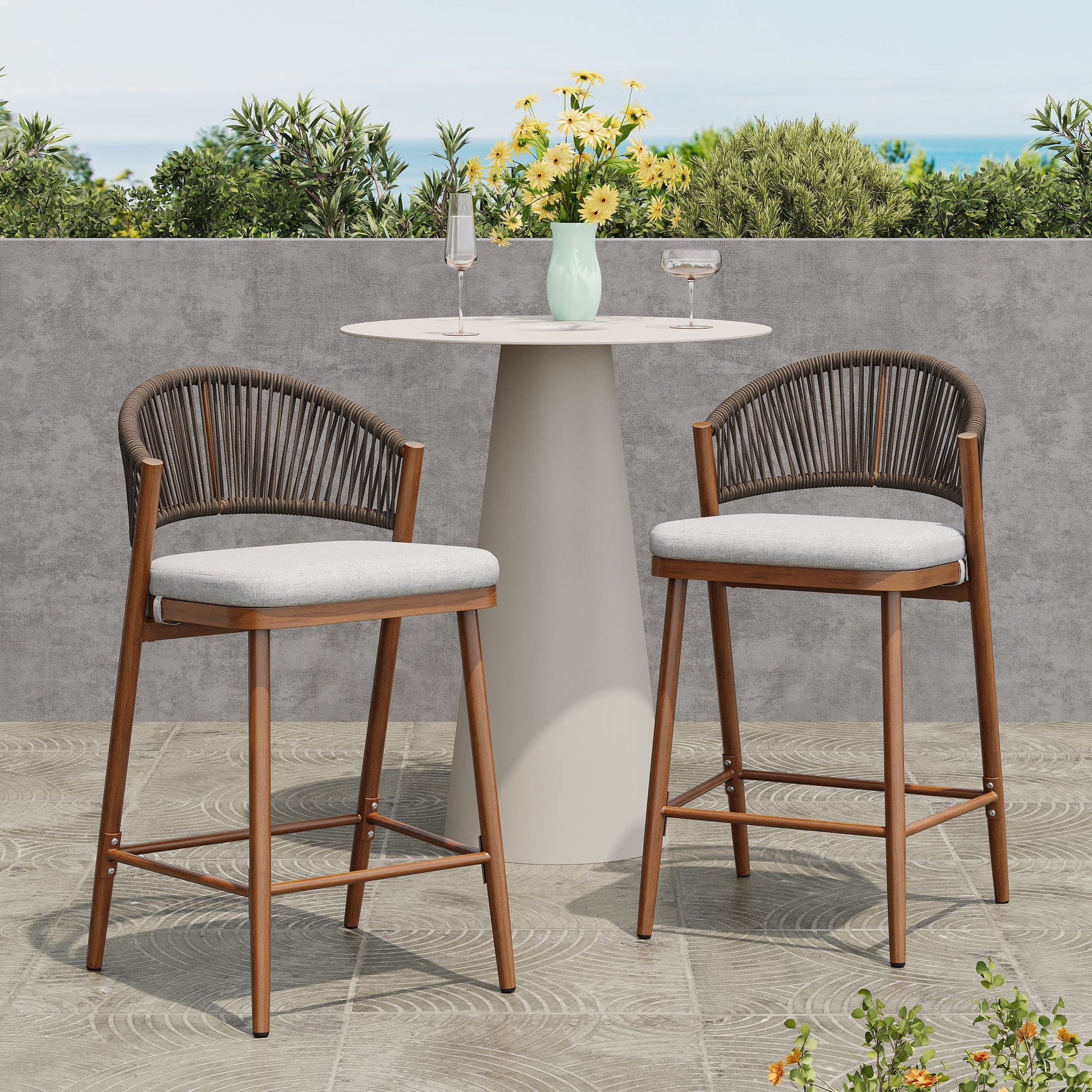 Outdoor 26" Counter Height Metal Frame Counter Stools With Scallop Shaped Backrest & Water Resistant Cushions Noble House