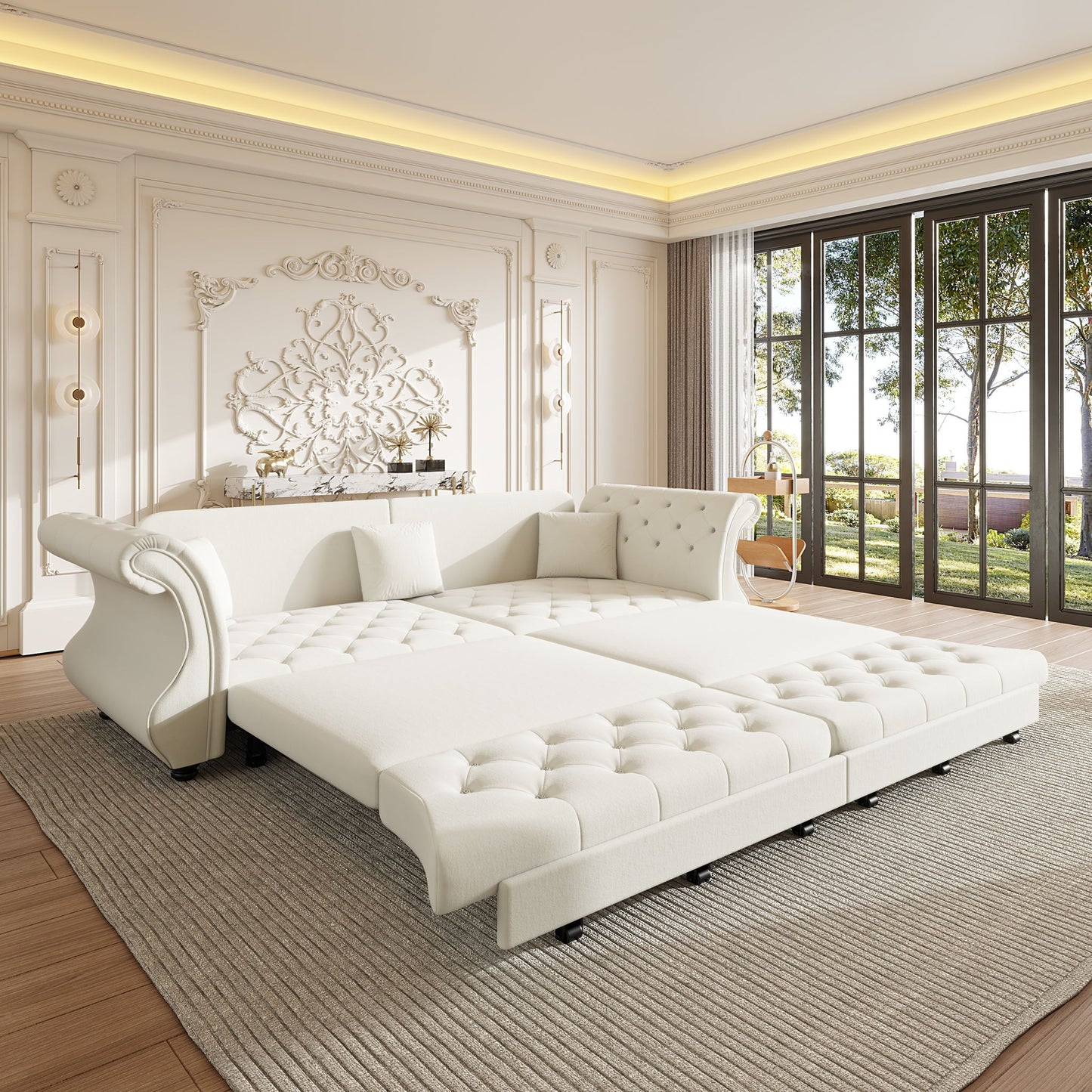 Oversized Chesterfield Pull Out Sofa Bed, Roll Arm Couch With Flower Tufting For Living Room Home Essentials