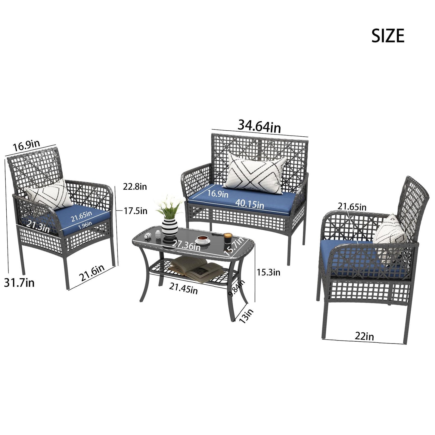 4 Pieces Rattan Wicker Chairs With Tempered Glass Table And Cushions Home Essentials