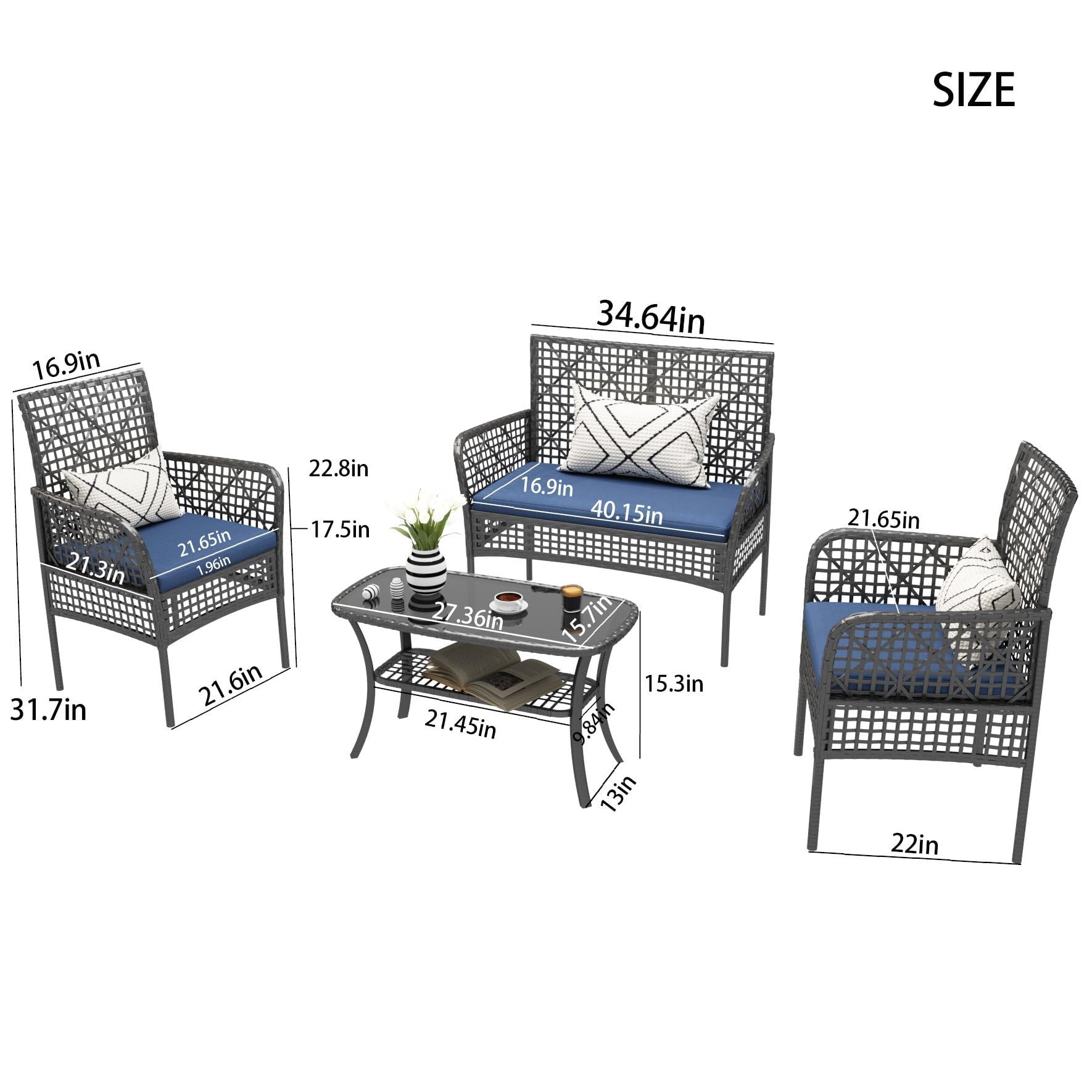 4 Pieces Rattan Wicker Chairs With Tempered Glass Table And Cushions Home Essentials