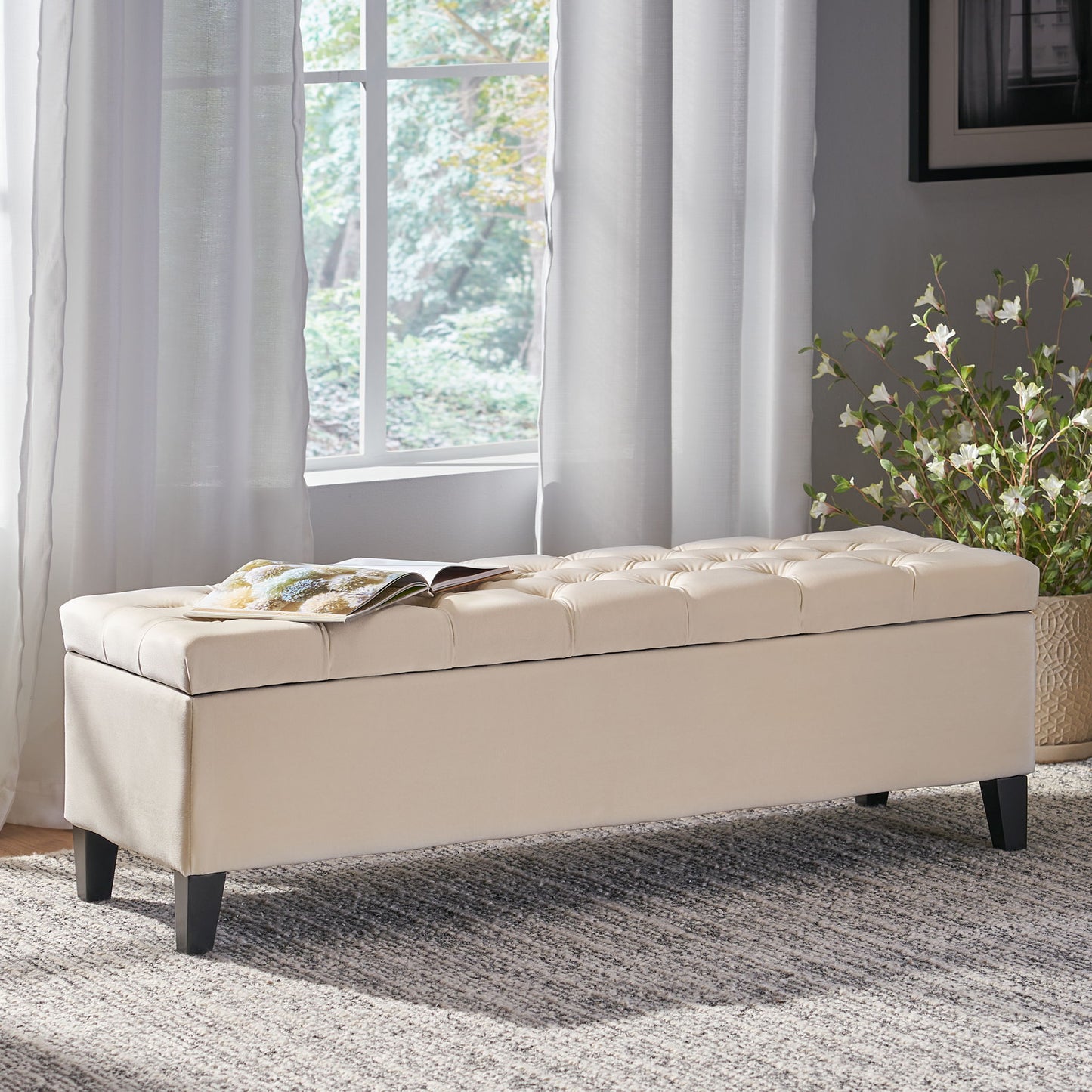 Button Tufted Diamond Stitch Storage Ottoman - Beige Noble House
