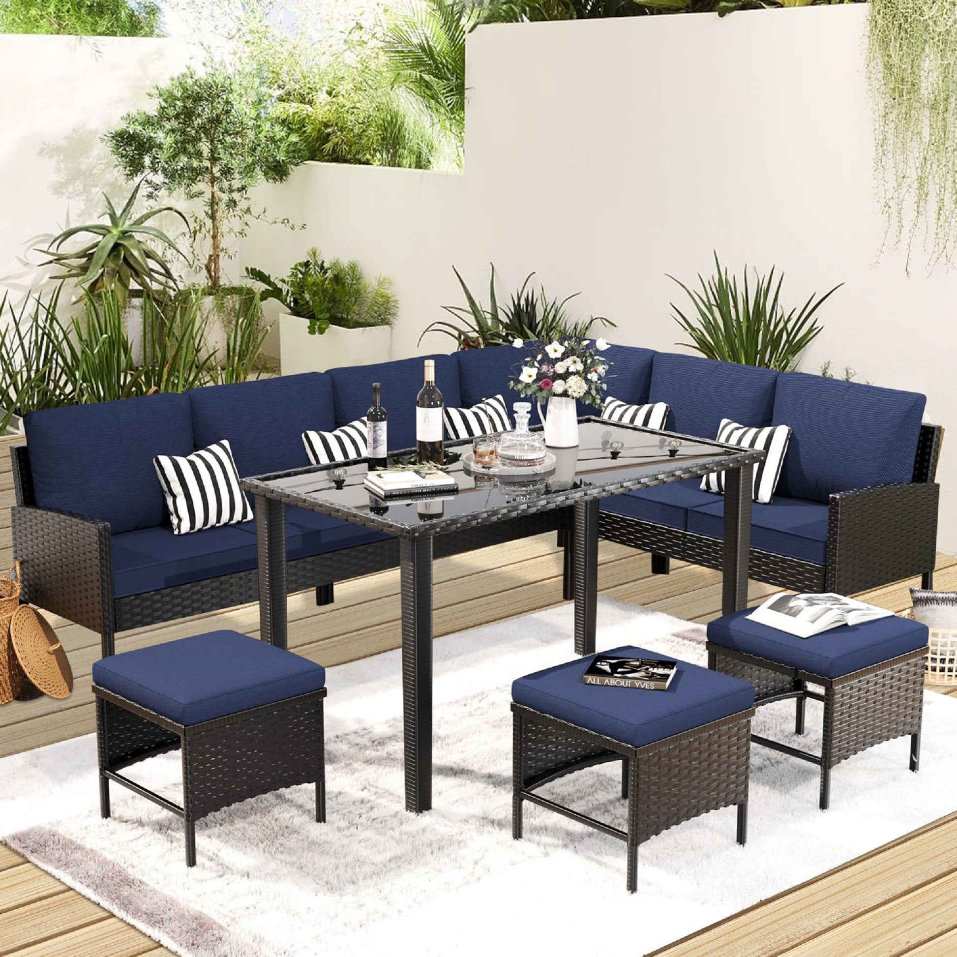 7 Piece Outdoor Furniture Set With Waterproof Cushions, Glass Table, And Space Saving Design - Blue Home Essentials