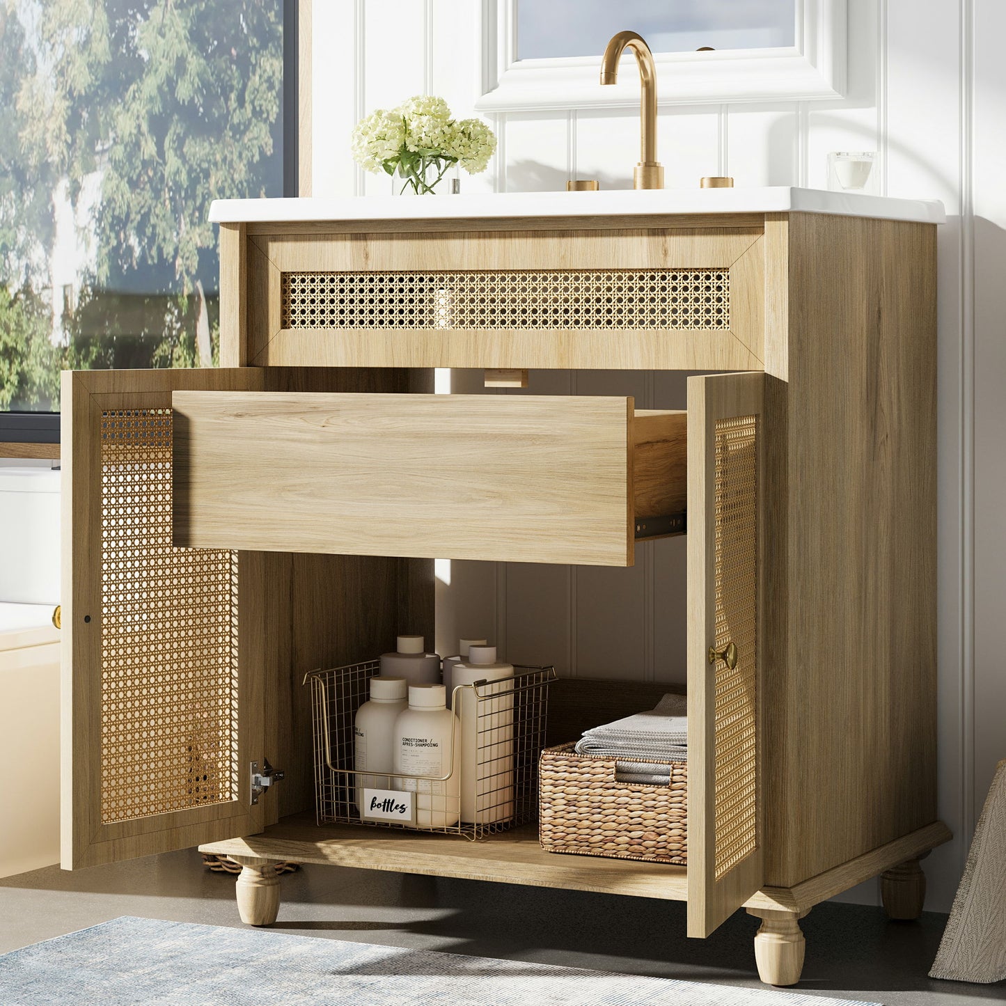 Bathroom Vanity With Handwoven Rattan Doors, Resin Basin - Natural Wood Noble House