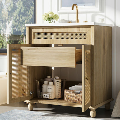 Bathroom Vanity With Handwoven Rattan Doors, Resin Basin - Natural Wood Noble House