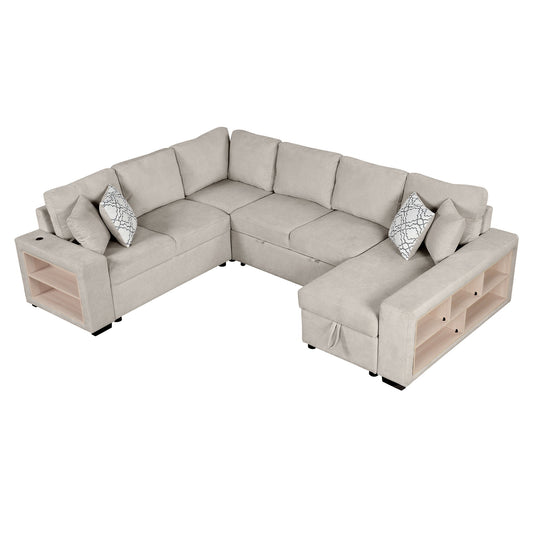 U-Shaped Sectional Sofa Pull-Out Sofa Bed With Two USB Ports, A Storage Chaise Lounge And Four Back Pillows For Living Room Hearth and Haven