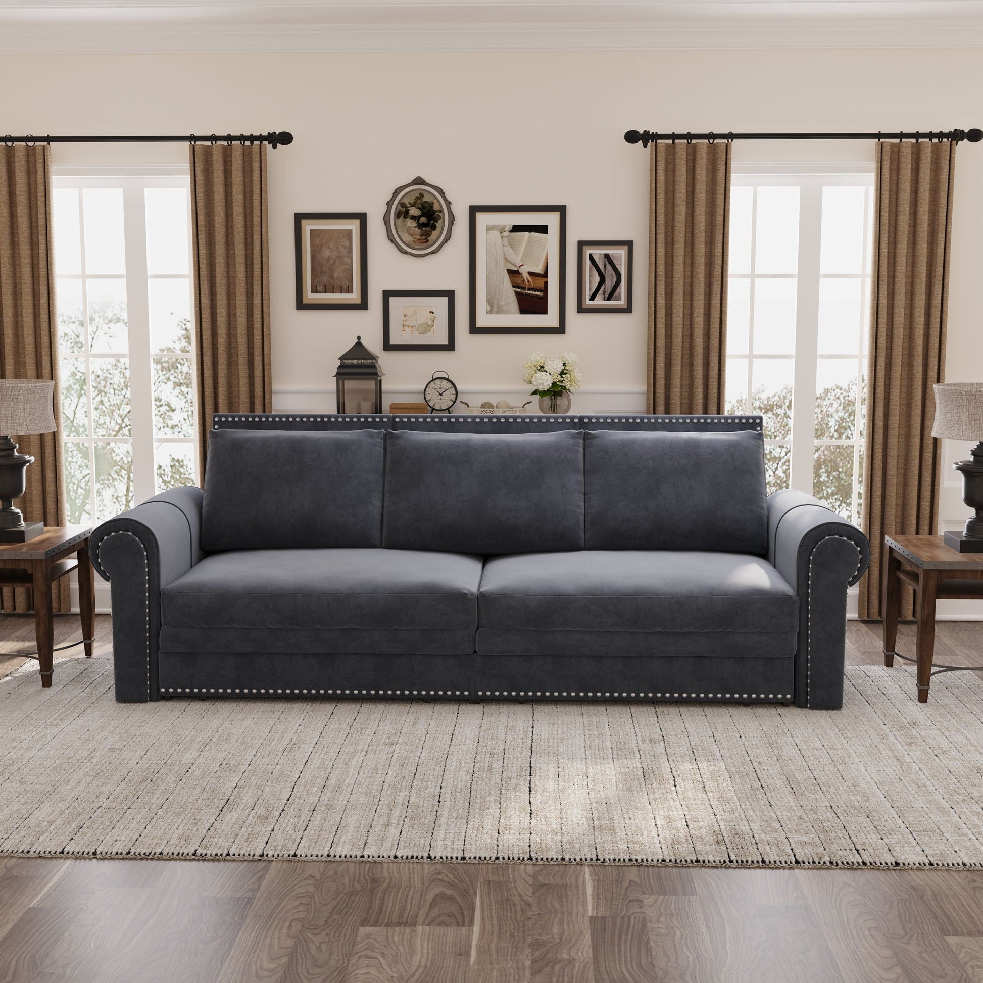 3 In 1 Convertible Sleeper Sofa With Nailhead Trim & Rolled Arm Home Essentials