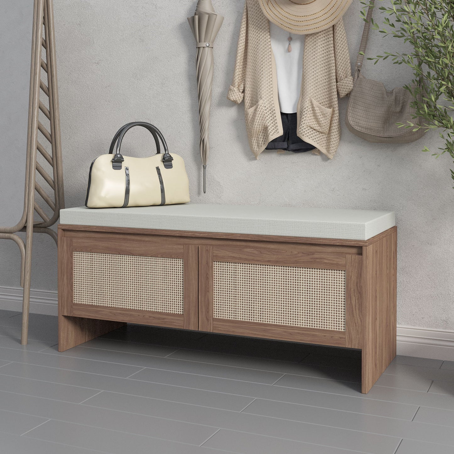 Storage Bench With Cushion, Shoe Cabinet With 2 Doors - Antique Natural / Rattan Home Essentials