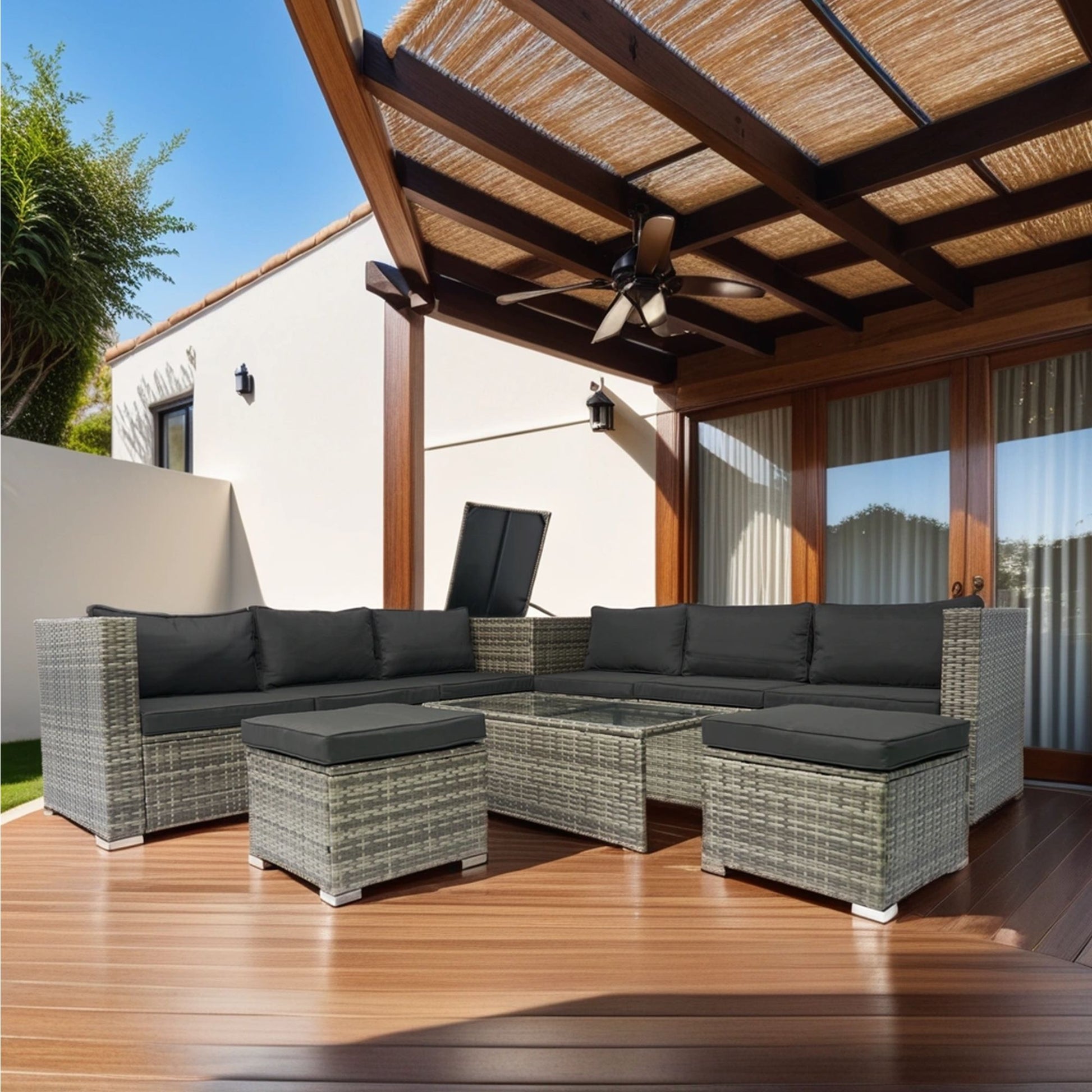 8 Piece Patio Sectional Wicker Rattan Outdoor Furniture Sof Set With One Storage Box Under Seat And Cushion Box - Gray / Black Home Essentials