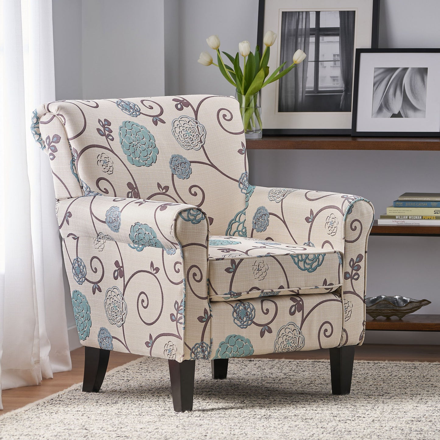 Upholstered Chair With Floral Pattern Design And Solid Wood Legs - Multi Color Noble House