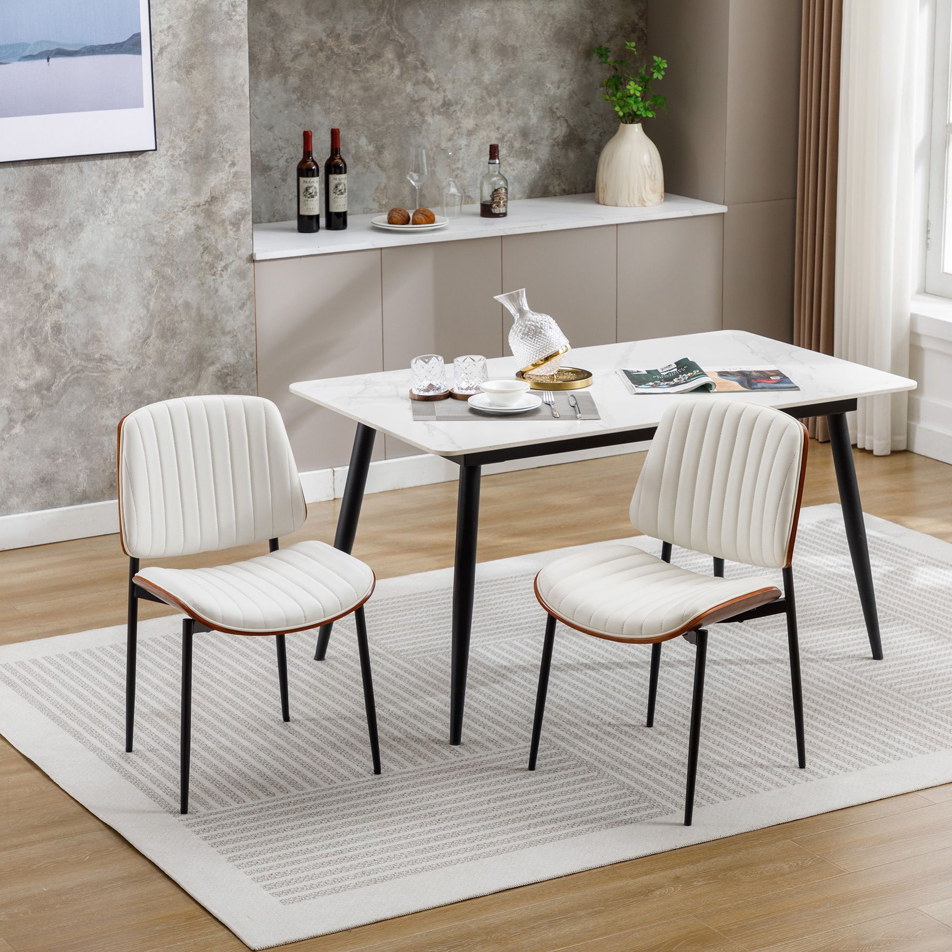 Dining Chairs (Set of 2) Mid-Century Modern Retro Faux Leather Chair With Bentwood Upholstered Seat Metal Legs Adjustable Foot For Kitchen Dining Room Chairs Home Essentials