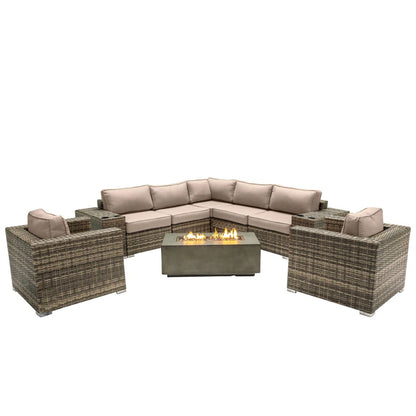 Rattan Wicker Patio Set With Cushions And Concrete Fire Pit LSI Patio Furniture