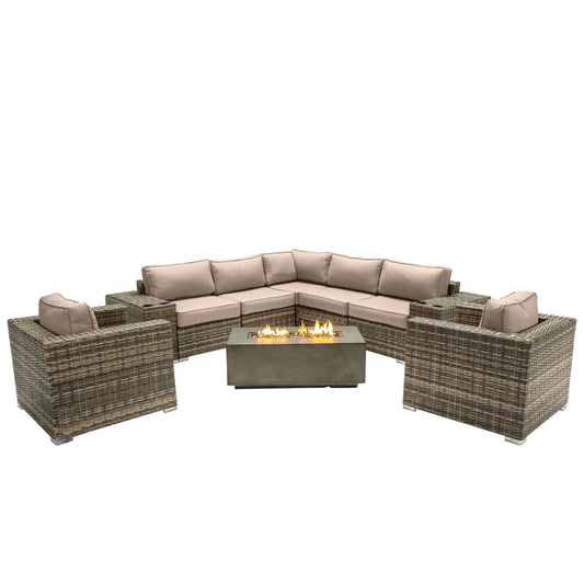 Rattan Wicker Patio Set With Cushions And Concrete Fire Pit LSI Patio Furniture