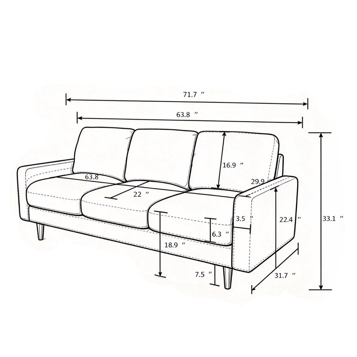 Modern Upholstered 3‑Seat Sofa Couch, Polyester Fabric Sofa With Accent Pillows, Loose Back Cushion For Living Room Apartment - Dark Blue U S Pride Furniture