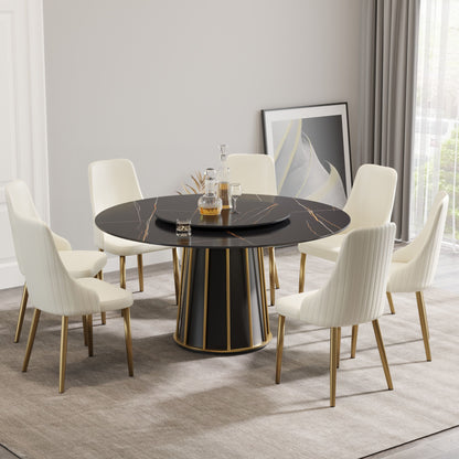 Modern Artificial Stone Round Metal Iron Base Dining Table, Can Accommodate 8 People Artificial Stone Turntable (Not Including Chairs) - Black Home Essentials