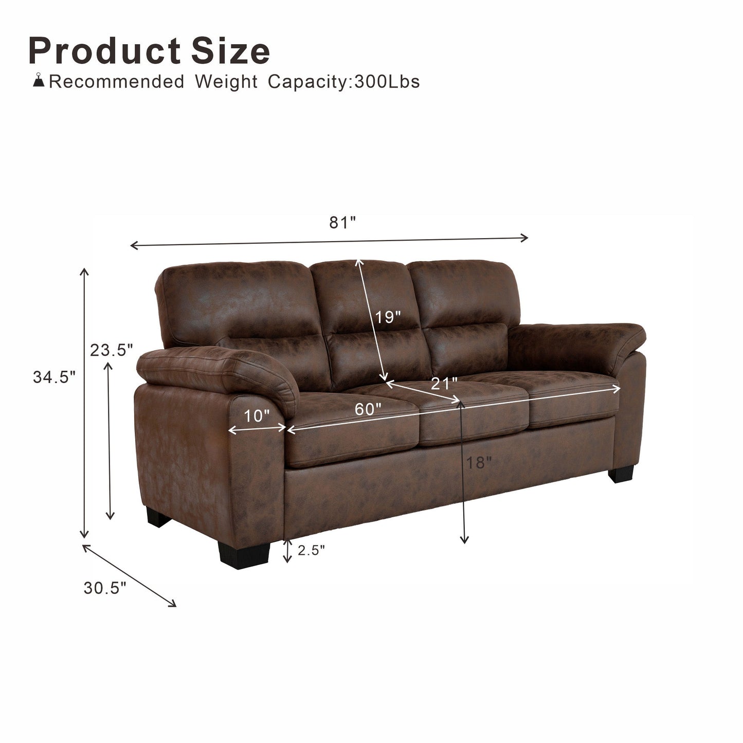 3 Seater Sofa With Padded Armrests And Triangular Leg Home Essentials