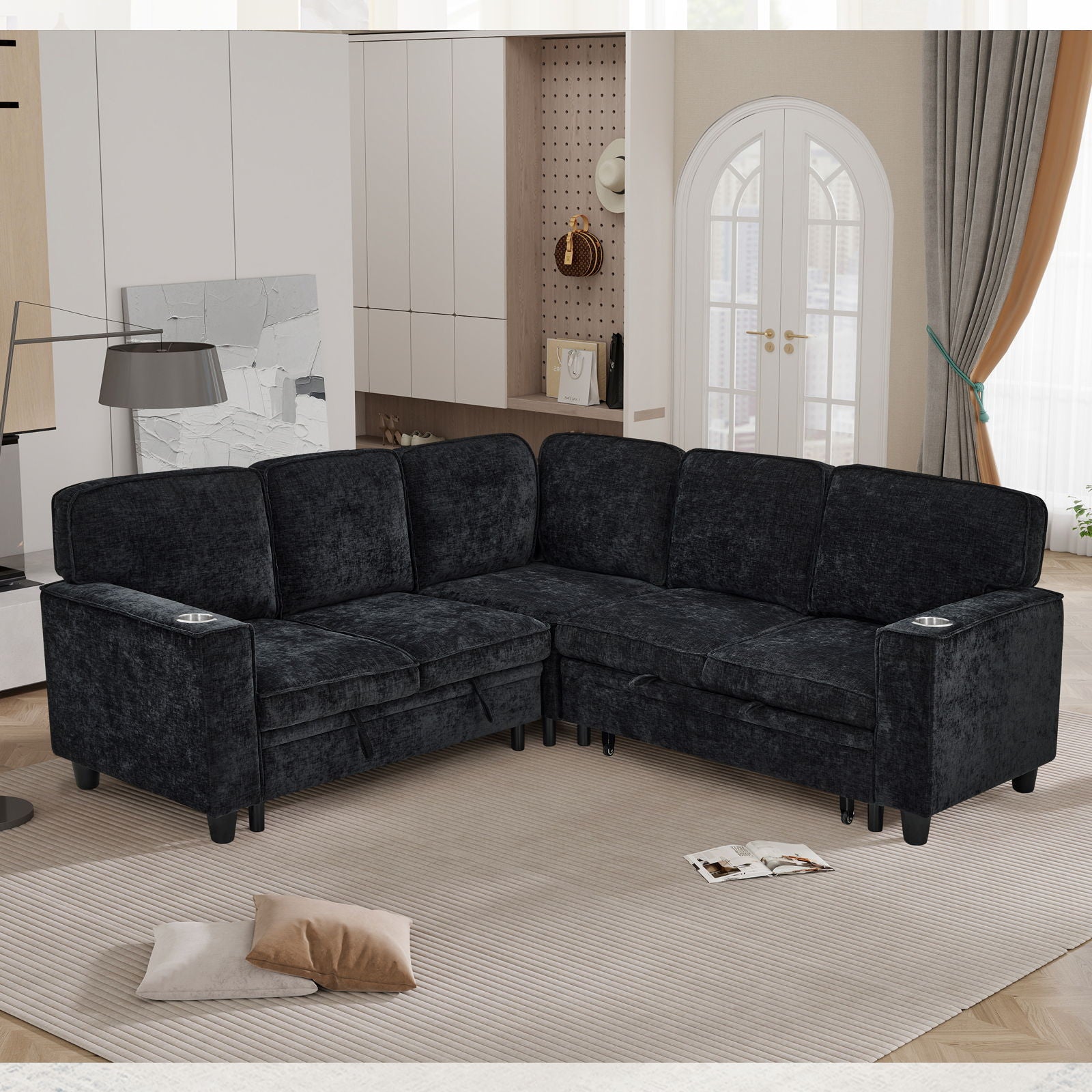 L-Shaped Sofa With Pull Out Sofa Bed With USB Home Essentials